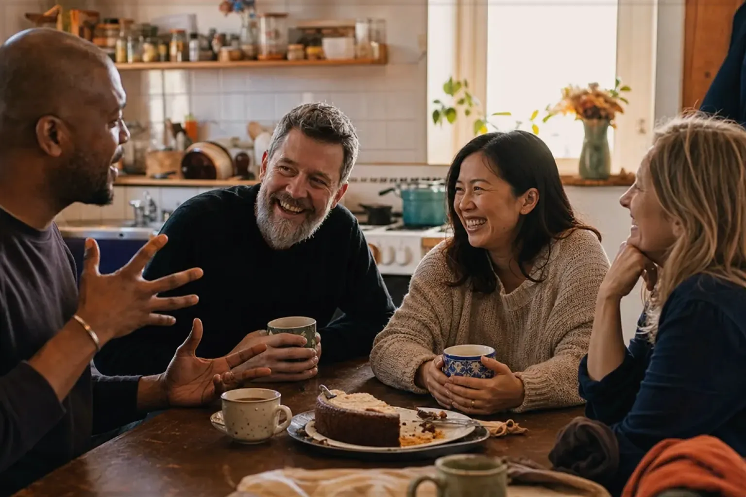 Vier erwachsene Freunde lachen gemeinsam bei Kaffee und selbst gebackenem Kuchen – gezeigt für Espresso im Themenvergleich.