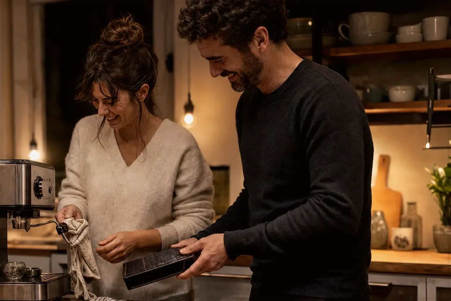 Ein Paar reinigt am Abend gemeinsam und gut gelaunt seine Espressomaschine in der Küche – gezeigt für Espresso im Themenvergleich.