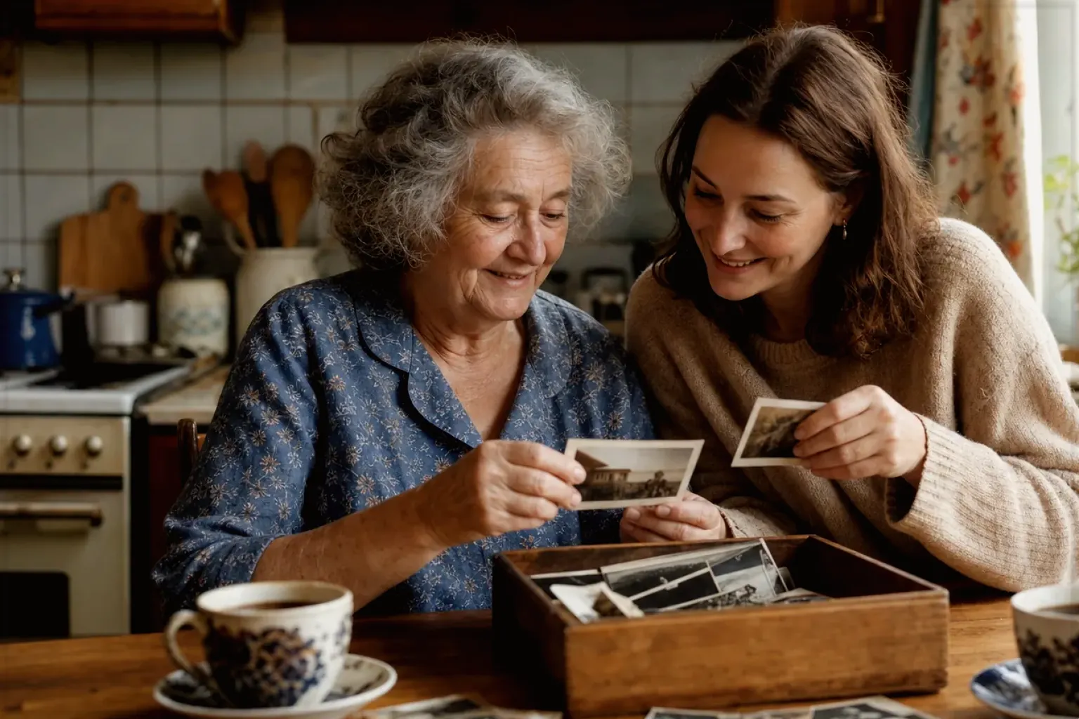 Eine ältere Frau und ihre erwachsene Enkelin betrachten bei Kaffee gemeinsam alte Familienfotos – gezeigt für Espresso im Themenvergleich.