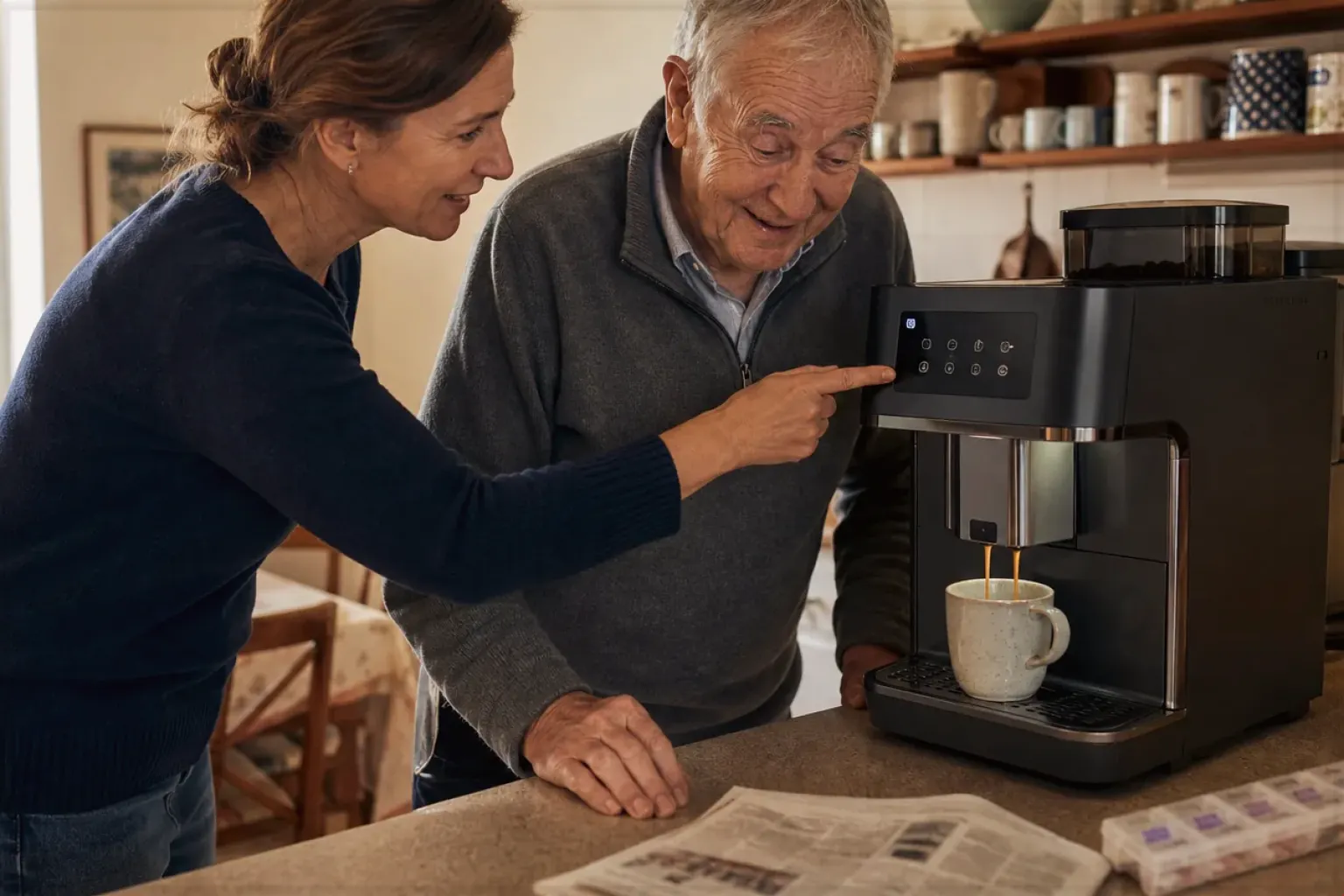 Eine erwachsene Tochter erklärt ihrem Vater verständlich die Bedienung eines Kaffeevollautomaten.