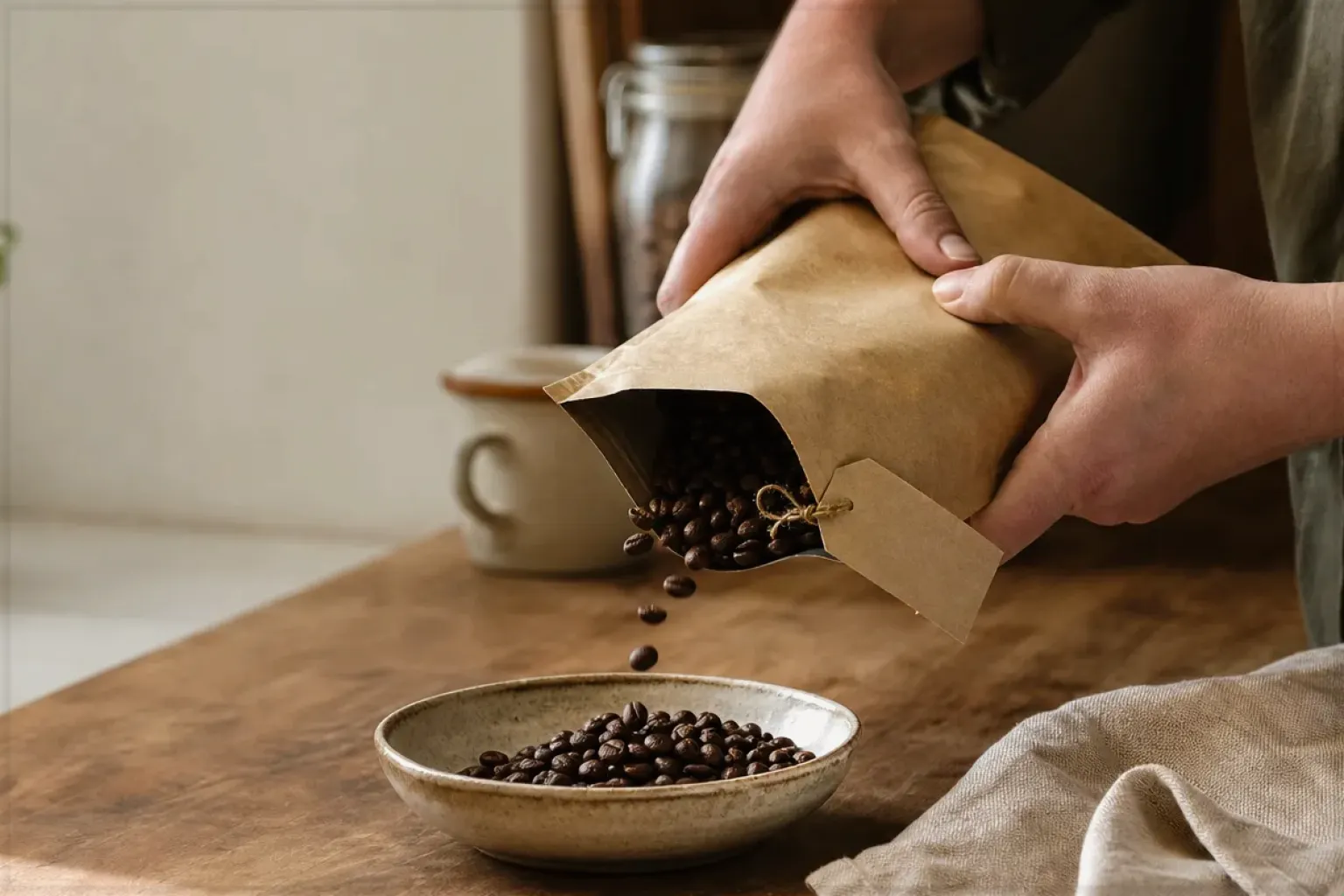 Hände füllen frisch geröstete Kaffeebohnen aus einer Papiertüte in eine Keramikschale – gezeigt für Espressobohnen im Themenvergleich.