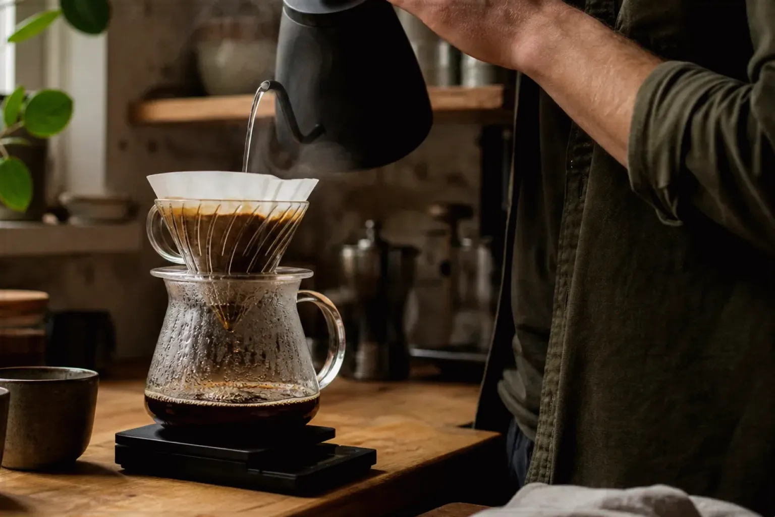 Filterkaffee wird mit einem Schwanenhalskessel von Hand in einer Küche aufgegossen – gezeigt für Espressobohnen im Themenvergleich.