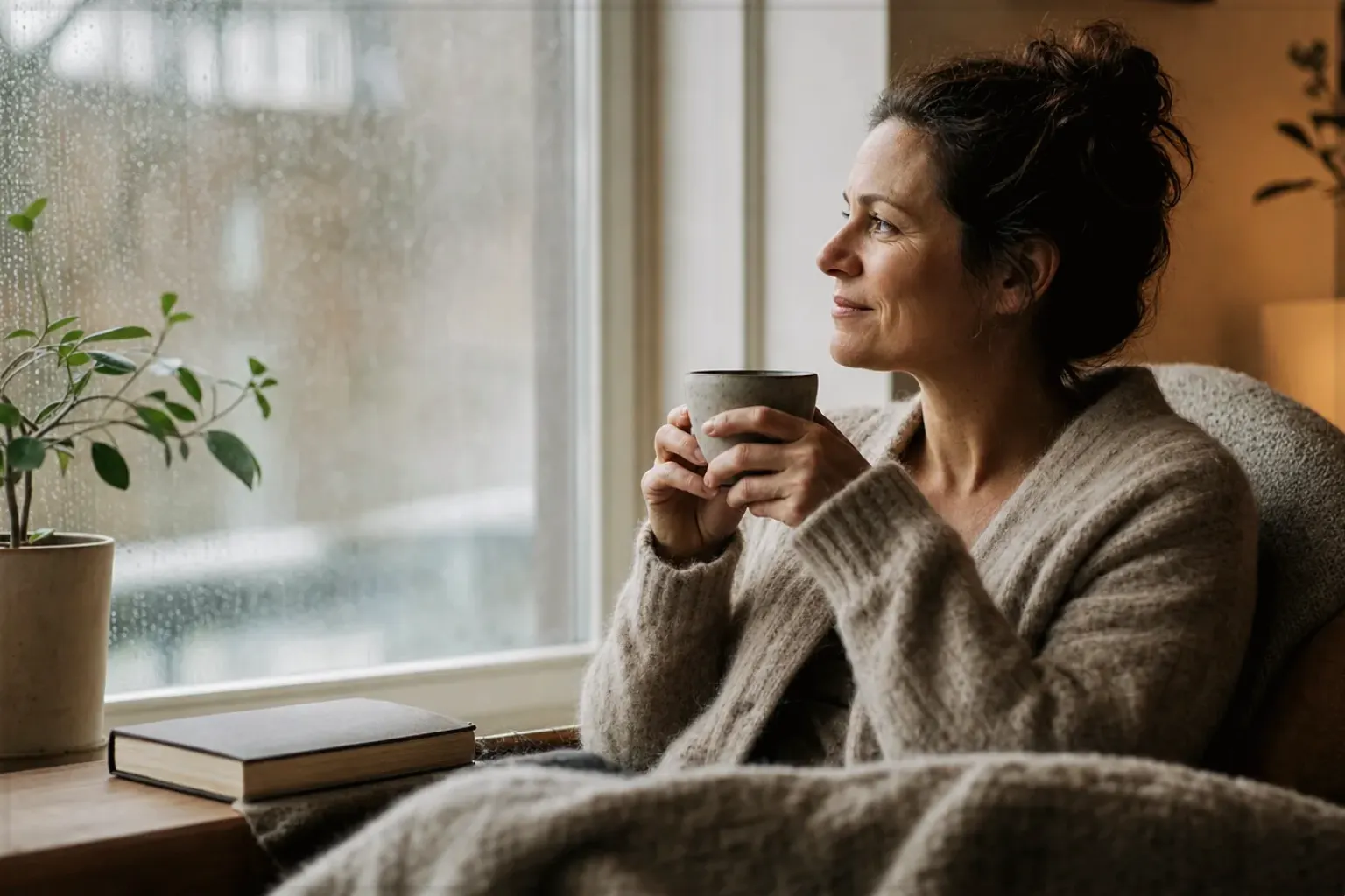 Eine Frau genießt an einem regnerischen Nachmittag ruhig eine Tasse Kaffee am Fenster – gezeigt für Espressobohnen im Themenvergleich.