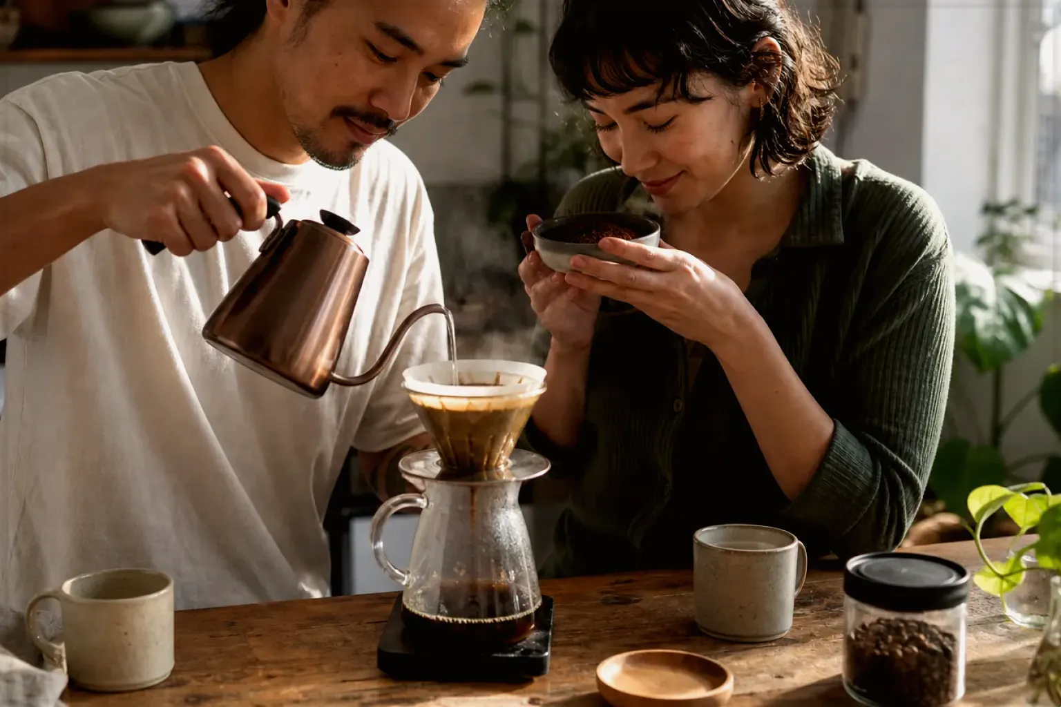 Zwei Menschen bereiten am Wochenende gemeinsam Filterkaffee mit einem Handfilter zu – gezeigt für Espressobohnen im Themenvergleich.