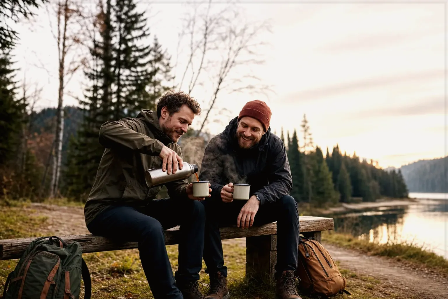 Zwei Freunde teilen auf einer Wanderung heißen Kaffee aus einer Thermoskanne am See – gezeigt für Espressobohnen im Themenvergleich.