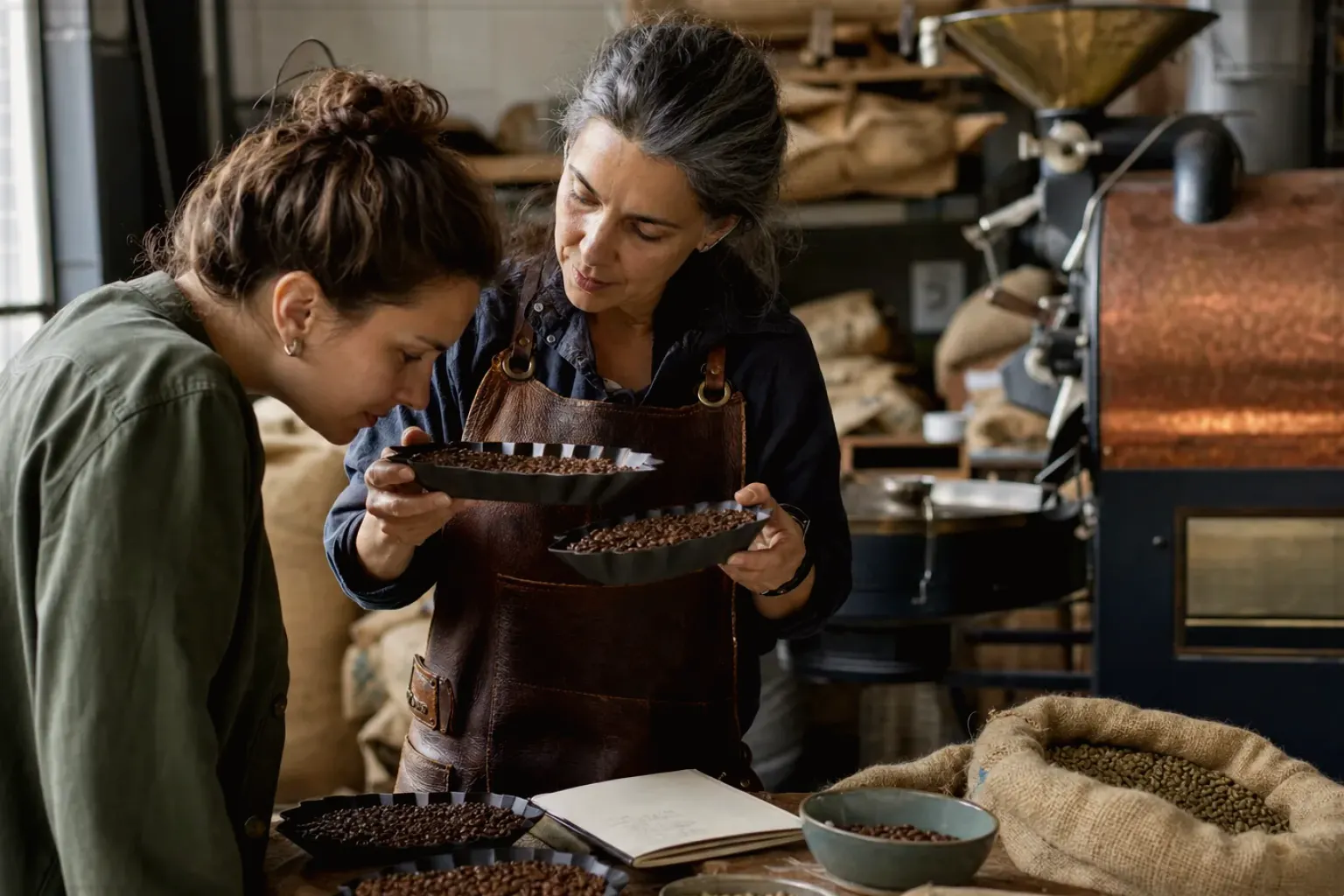Eine Kaffeerösterin lässt eine Kundin in einer kleinen Rösterei verschiedene frisch geröstete Bohnen riechen – gezeigt für Espressobohnen im Themenvergleich.
