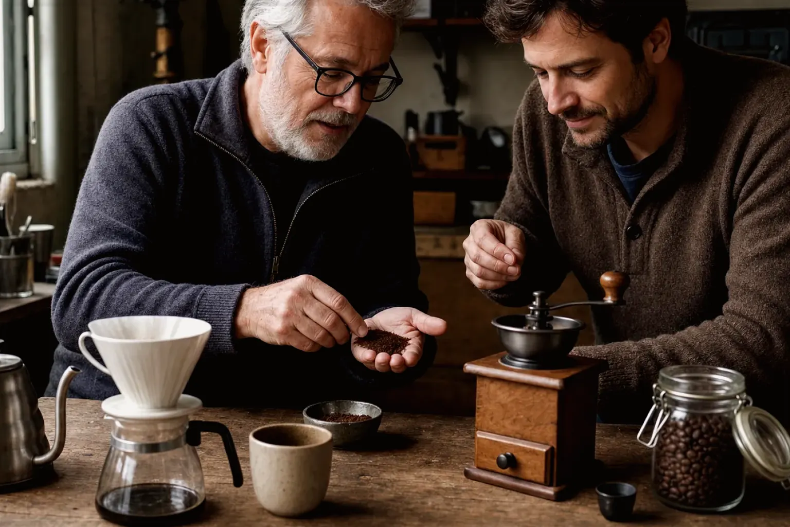 Ein älterer Kaffeeliebhaber zeigt einem jüngeren Erwachsenen gemahlenen Kaffee neben Handmühle und Filter – gezeigt für Espressobohnen im Themenvergleich.