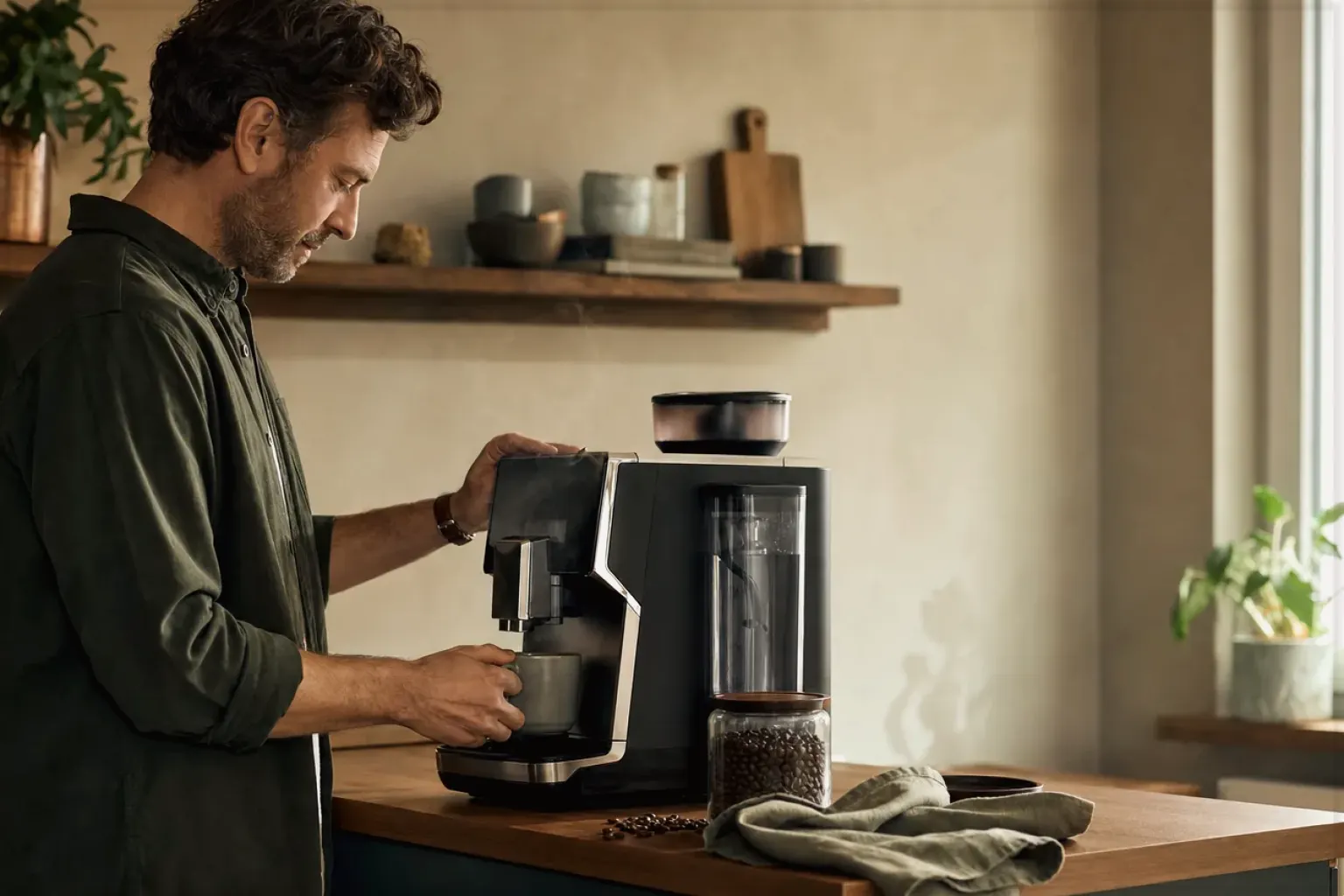 Ein Mann bereitet morgens Kaffee in seiner Küche zu – gezeigt für Espressobohnen im Themenvergleich.