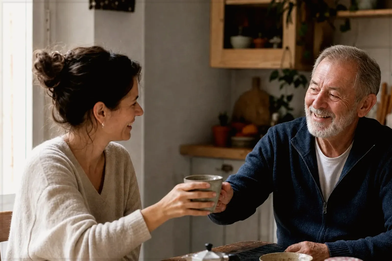 Eine erwachsene Tochter und ihr älterer Vater lachen gemeinsam beim Kaffee in ihrer Küche – gezeigt für Espressobohnen im Themenvergleich.