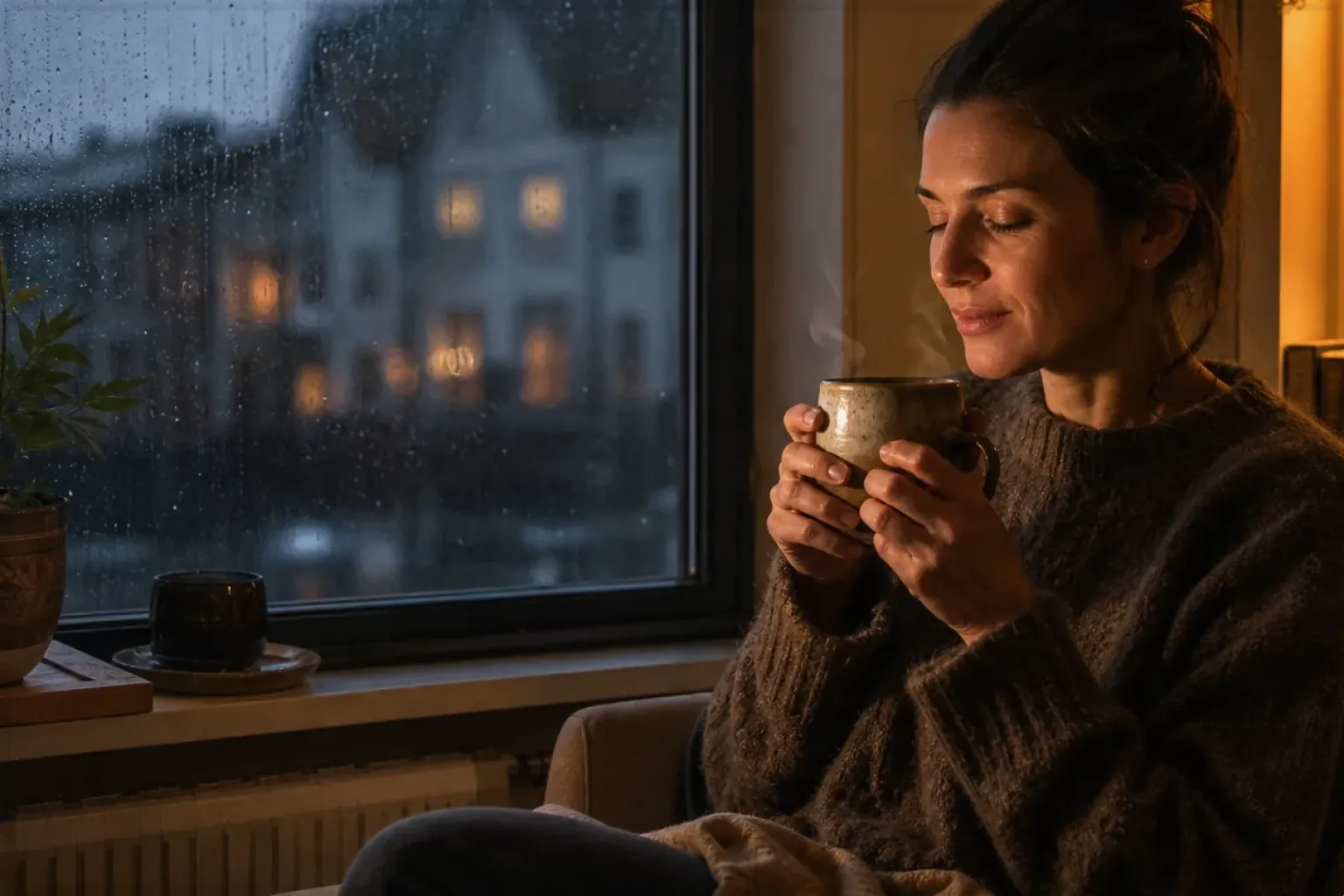 Eine Frau genießt an einem regnerischen Abend ruhig eine warme Tasse Kaffee am Fenster – gezeigt für Espressobohnen im Themenvergleich.
