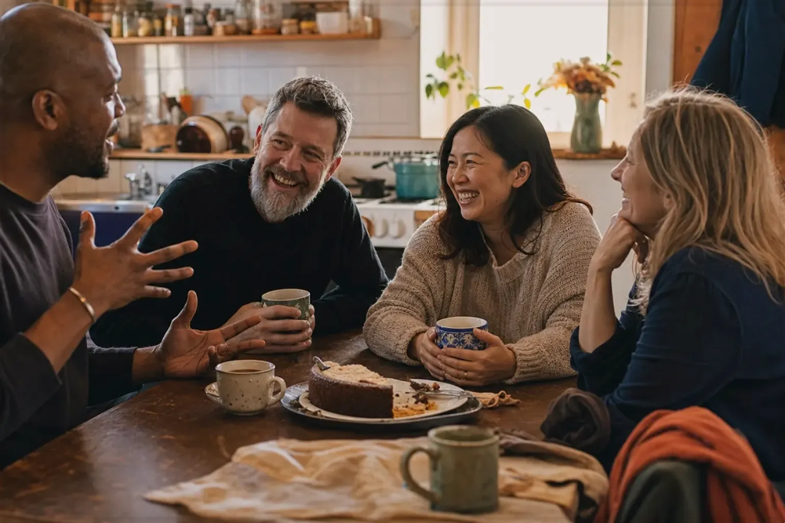 Vier erwachsene Freunde lachen gemeinsam bei Kaffee und selbst gebackenem Kuchen – gezeigt für Espressobohnen im Themenvergleich.