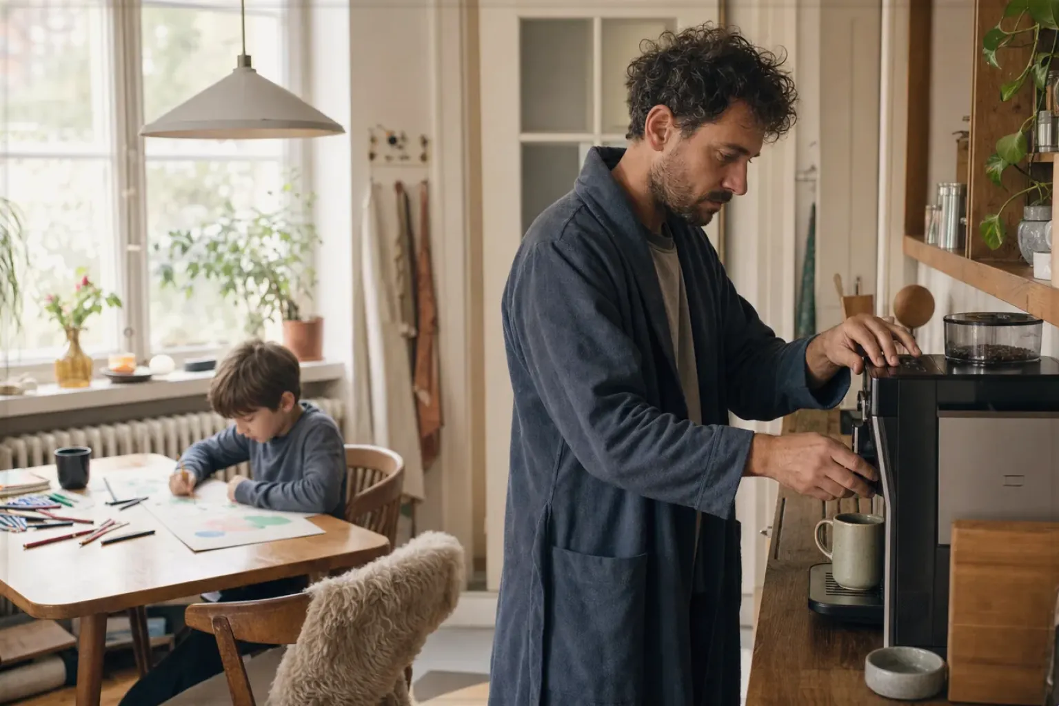 Ein Vater bereitet morgens Kaffee zu, während sein Kind am Küchentisch malt – gezeigt für Espressobohnen im Themenvergleich.