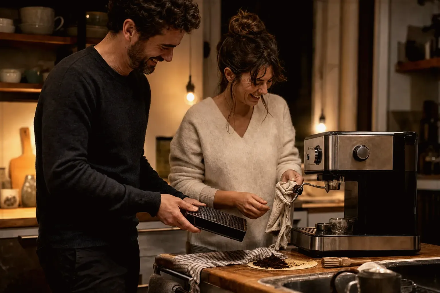 Ein Paar reinigt am Abend gemeinsam und gut gelaunt seine Espressomaschine in der Küche – gezeigt für Espressobohnen im Themenvergleich.