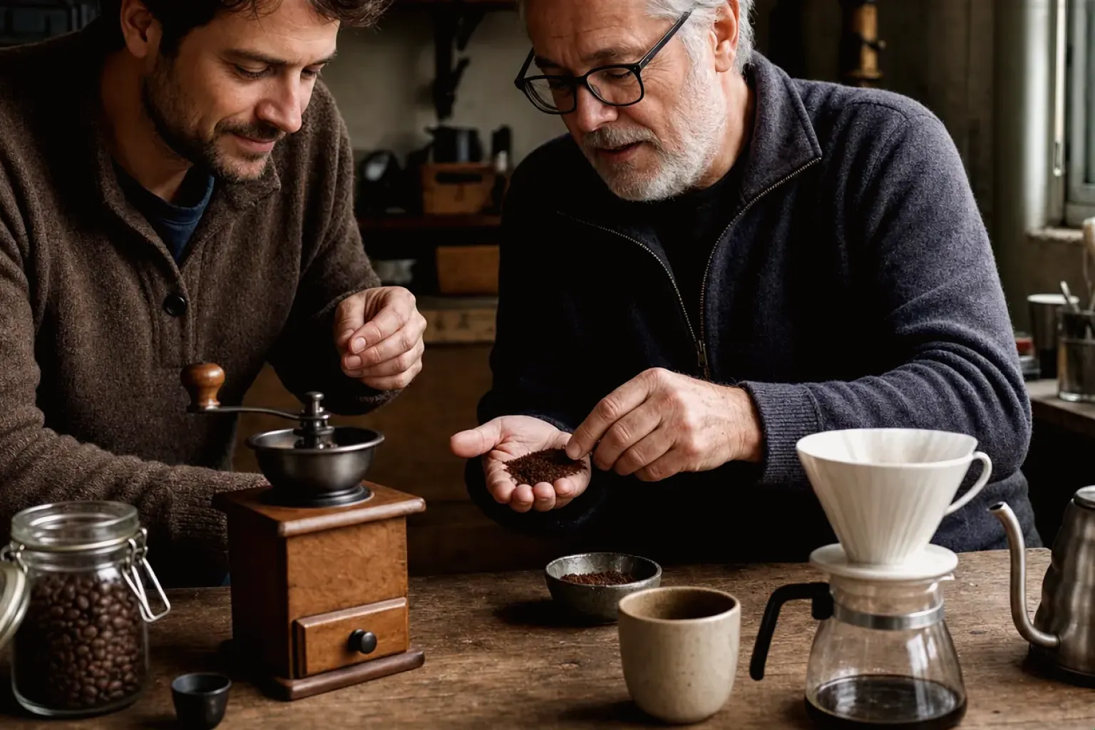 Ein erfahrener Kaffeeliebhaber erklärt einem jüngeren Erwachsenen Mahlgrad und Kaffeetextur.