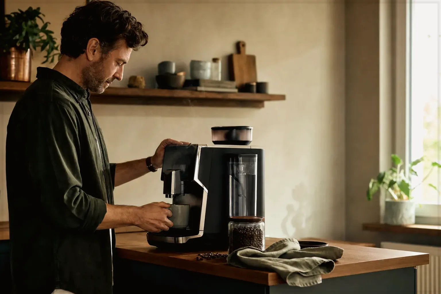 Ein Mann bereitet morgens Kaffee an einem Vollautomaten in seiner Küche zu – gezeigt für Espressomühlen im Themenvergleich.