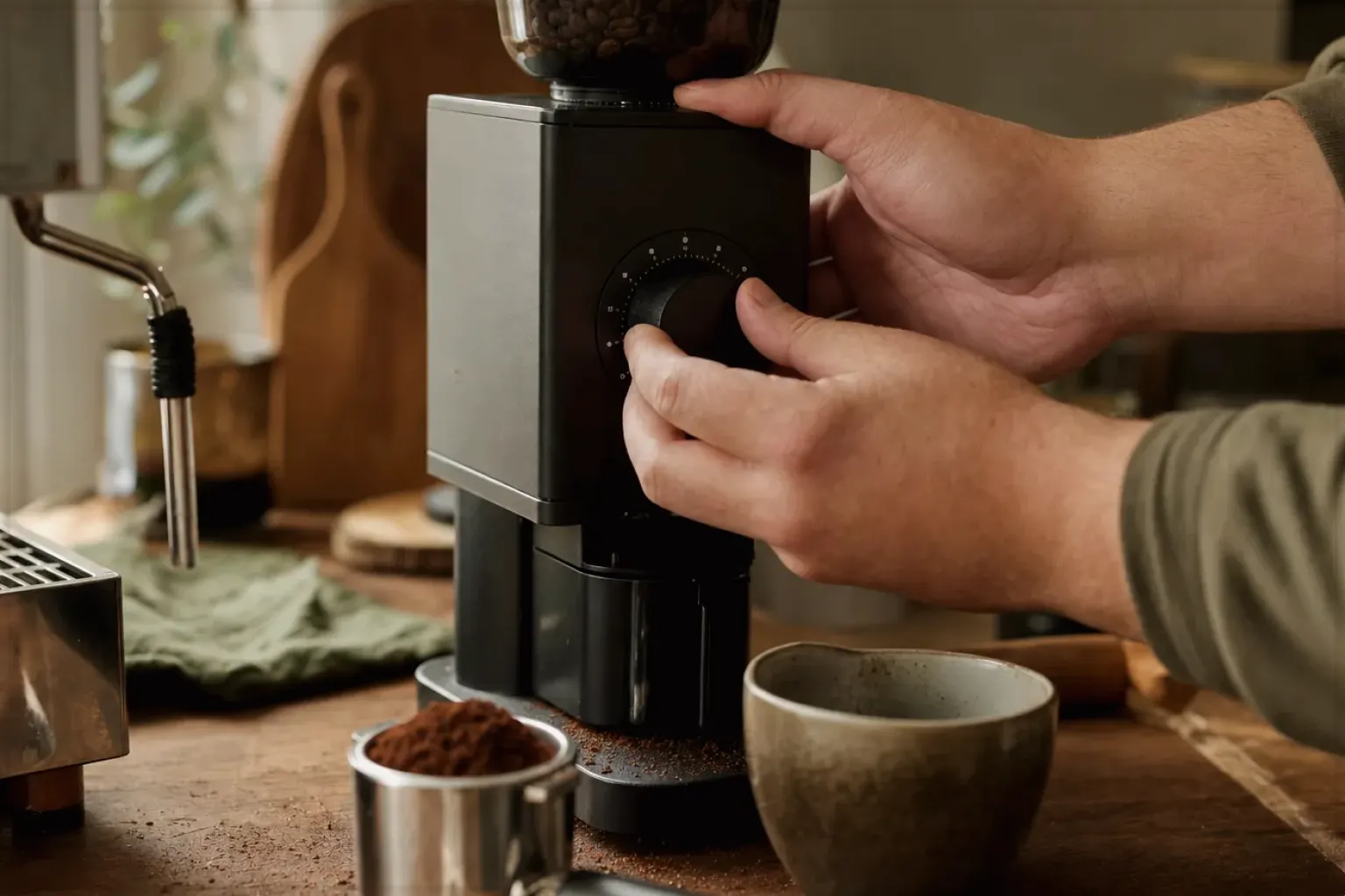 Zwei Hände stellen den Mahlgrad an einer Kaffeemühle neben einer Espressomaschine ein – gezeigt für Espressomühlen im Themenvergleich.