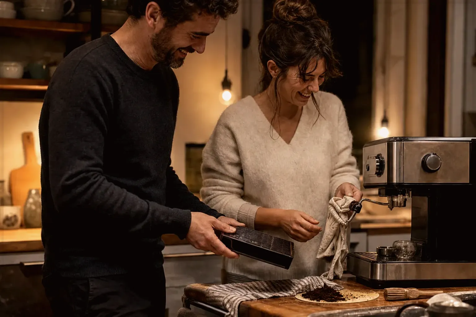 Ein Paar reinigt am Abend gemeinsam und gut gelaunt seine Espressomaschine in der Küche – gezeigt für Espressomühlen im Themenvergleich.