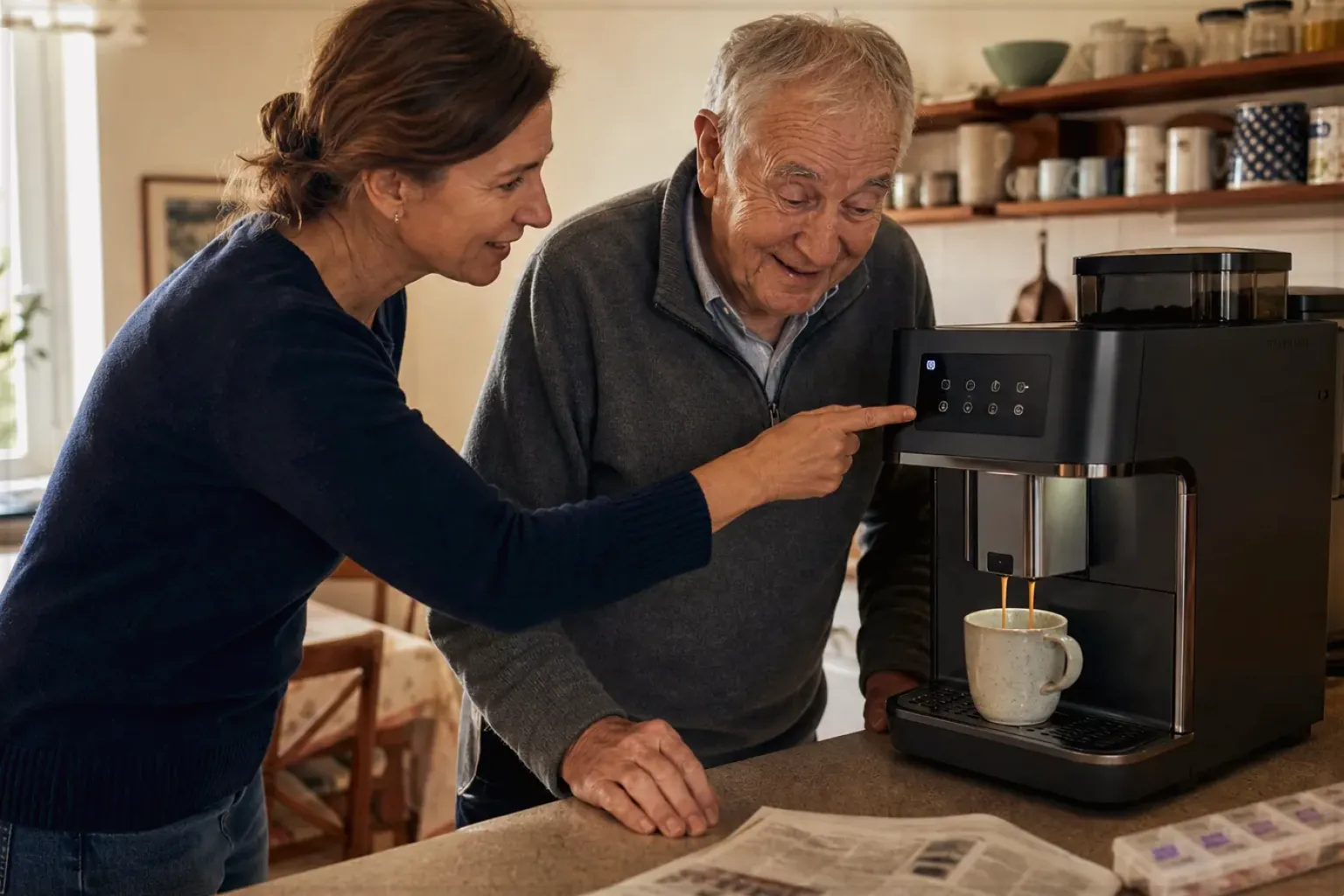 Eine erwachsene Tochter erklärt ihrem älteren Vater in seiner Küche einen Kaffeevollautomaten – gezeigt für Espressomühlen im Themenvergleich.