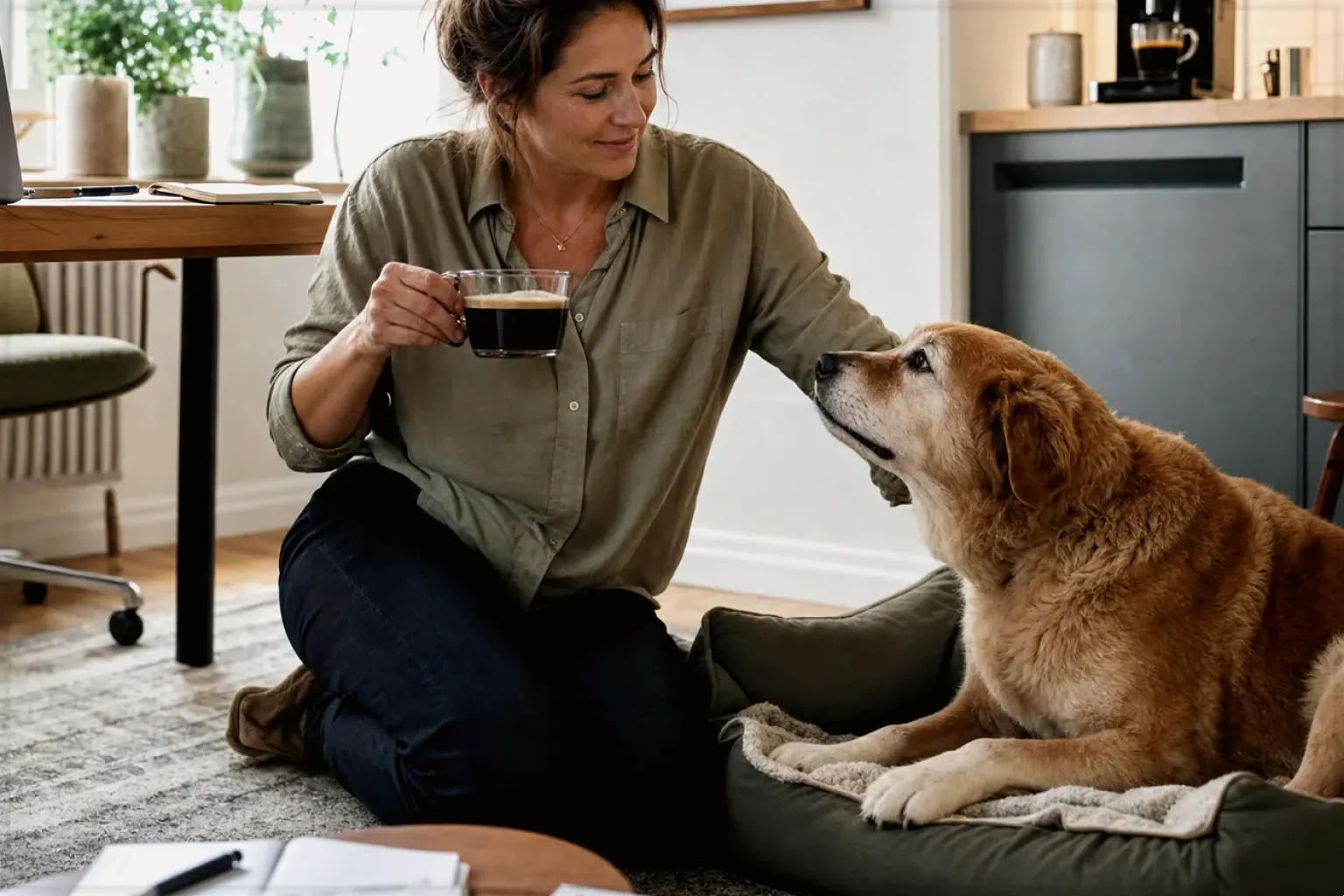 Eine Frau genießt im Homeoffice eine Kaffeepause bei ihrem älteren Hund – gezeigt für Espressomühlen im Themenvergleich.