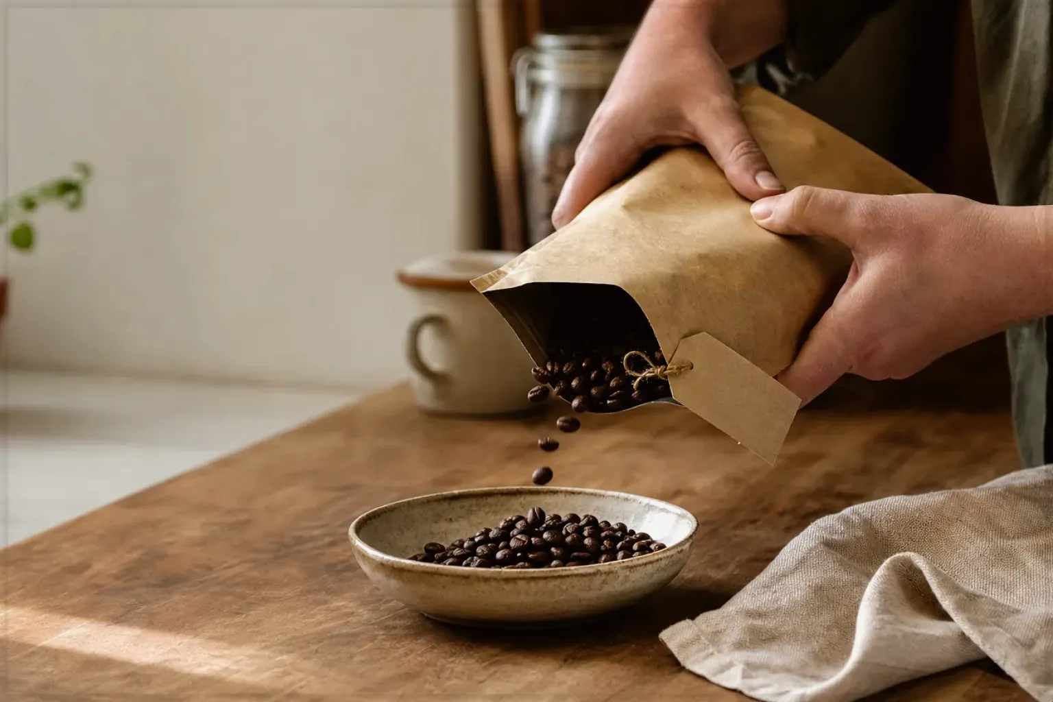 Hände füllen frisch geröstete Kaffeebohnen aus einer Papiertüte in eine Keramikschale – gezeigt für Espressomühlen im Themenvergleich.