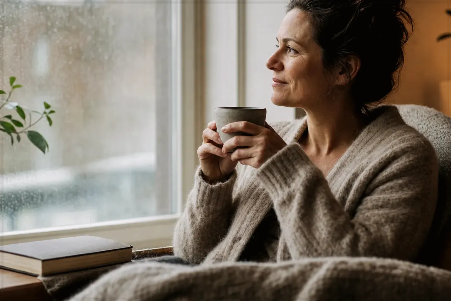 Eine Frau genießt an einem regnerischen Nachmittag ruhig eine Tasse Kaffee am Fenster – gezeigt für Espressomühlen im Themenvergleich.
