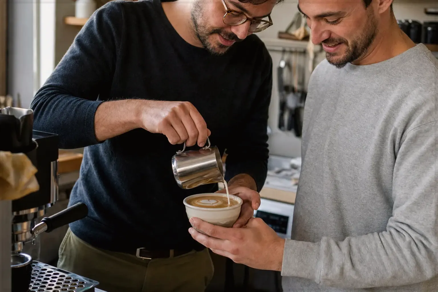 Zwei Freunde freuen sich in einer kleinen Küche über ihre gemeinsam gegossene Latte Art – gezeigt für Espressomühlen im Themenvergleich.
