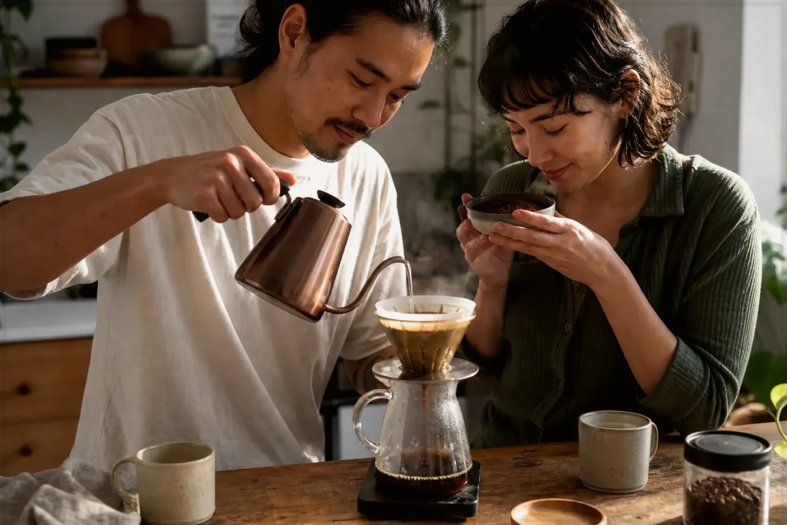 Zwei Menschen bereiten am Wochenende gemeinsam Filterkaffee mit einem Handfilter zu – gezeigt für Espressomühlen im Themenvergleich.