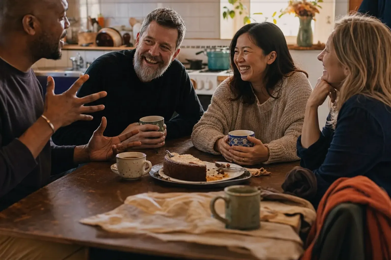 Vier erwachsene Freunde lachen gemeinsam bei Kaffee und selbst gebackenem Kuchen – gezeigt für Espressomühlen im Themenvergleich.