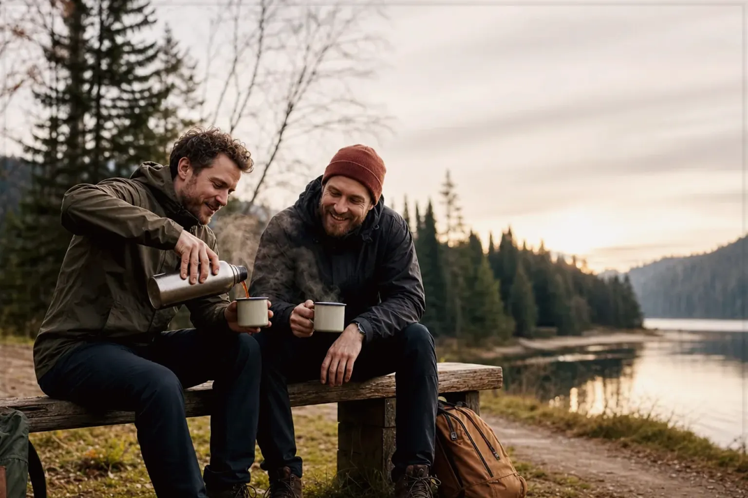 Zwei Freunde teilen auf einer Wanderung heißen Kaffee aus einer Thermoskanne am See – gezeigt für Espressomühlen im Themenvergleich.