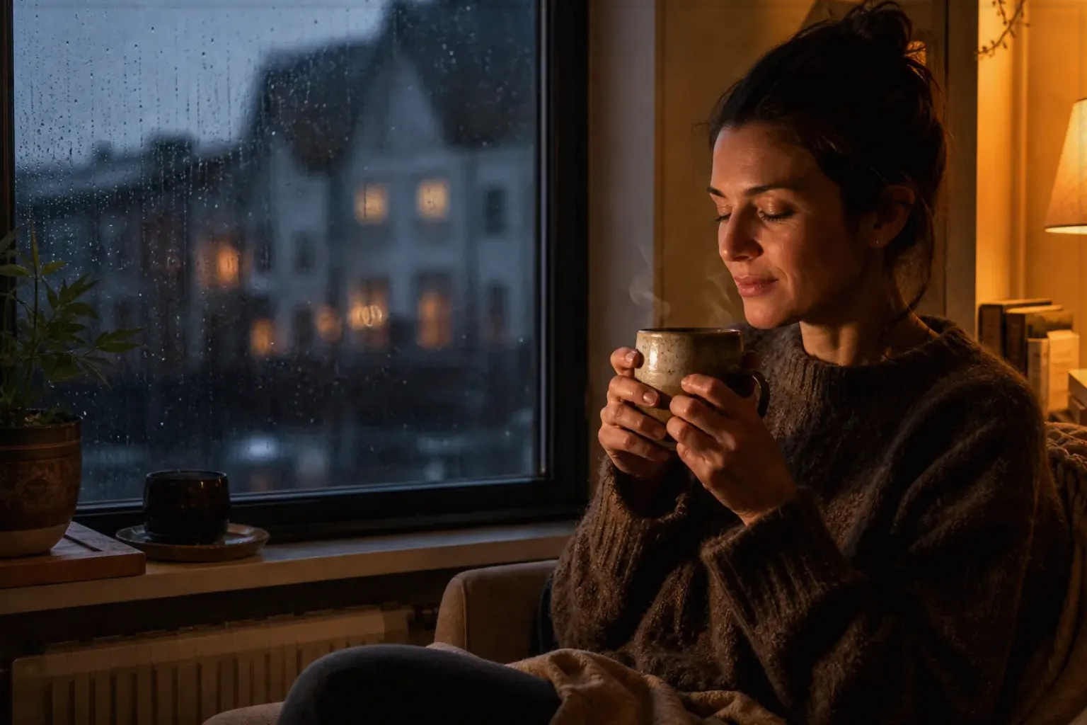 Eine Frau genießt an einem regnerischen Abend ruhig eine warme Tasse Kaffee am Fenster – gezeigt für Espressomühlen im Themenvergleich.