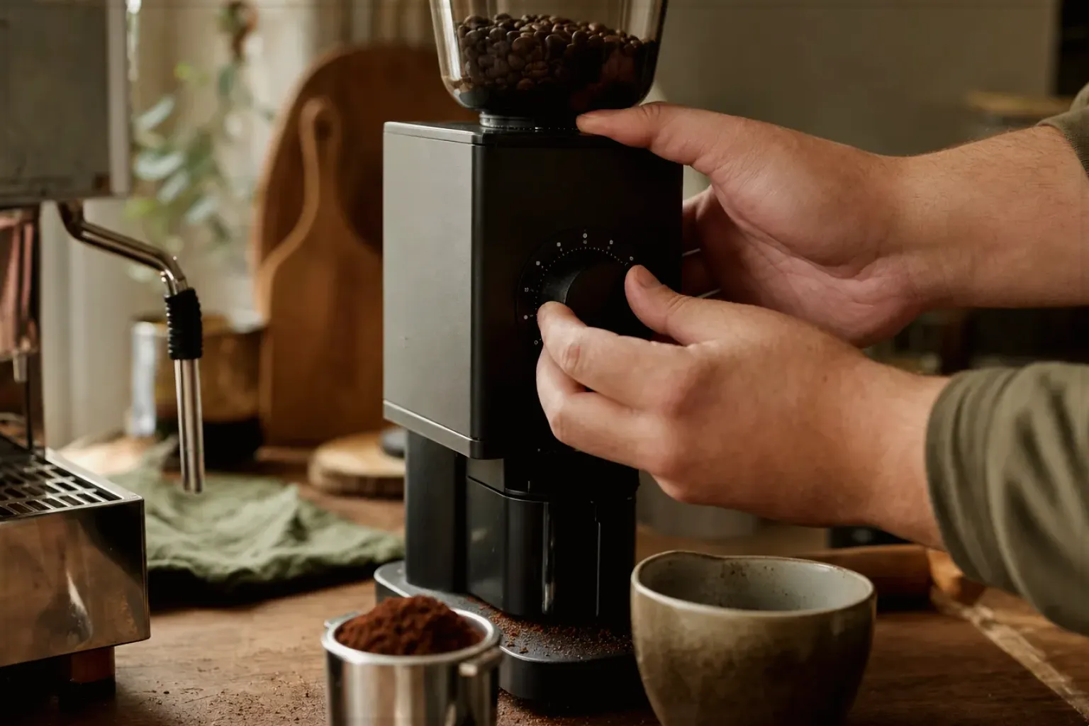 Zwei Hände stellen den Mahlgrad an einer Kaffeemühle präzise ein.
