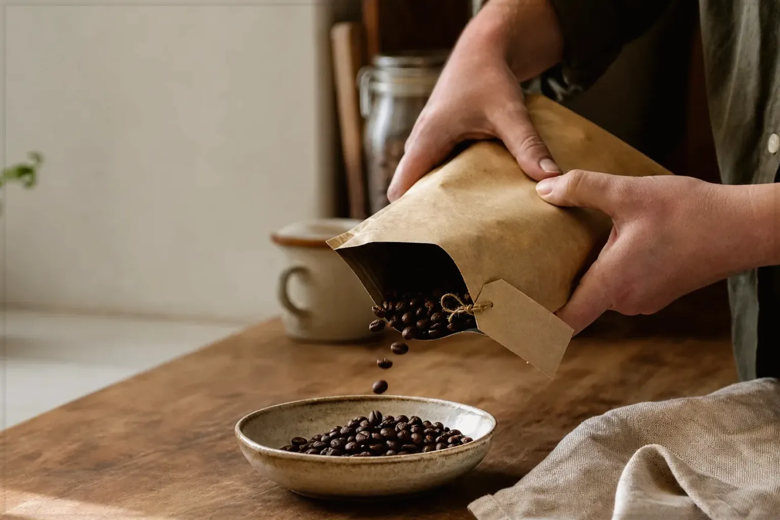 Hände füllen frisch geröstete Kaffeebohnen aus einer Papiertüte in eine Keramikschale – gezeigt für Filterkaffee im Themenvergleich.