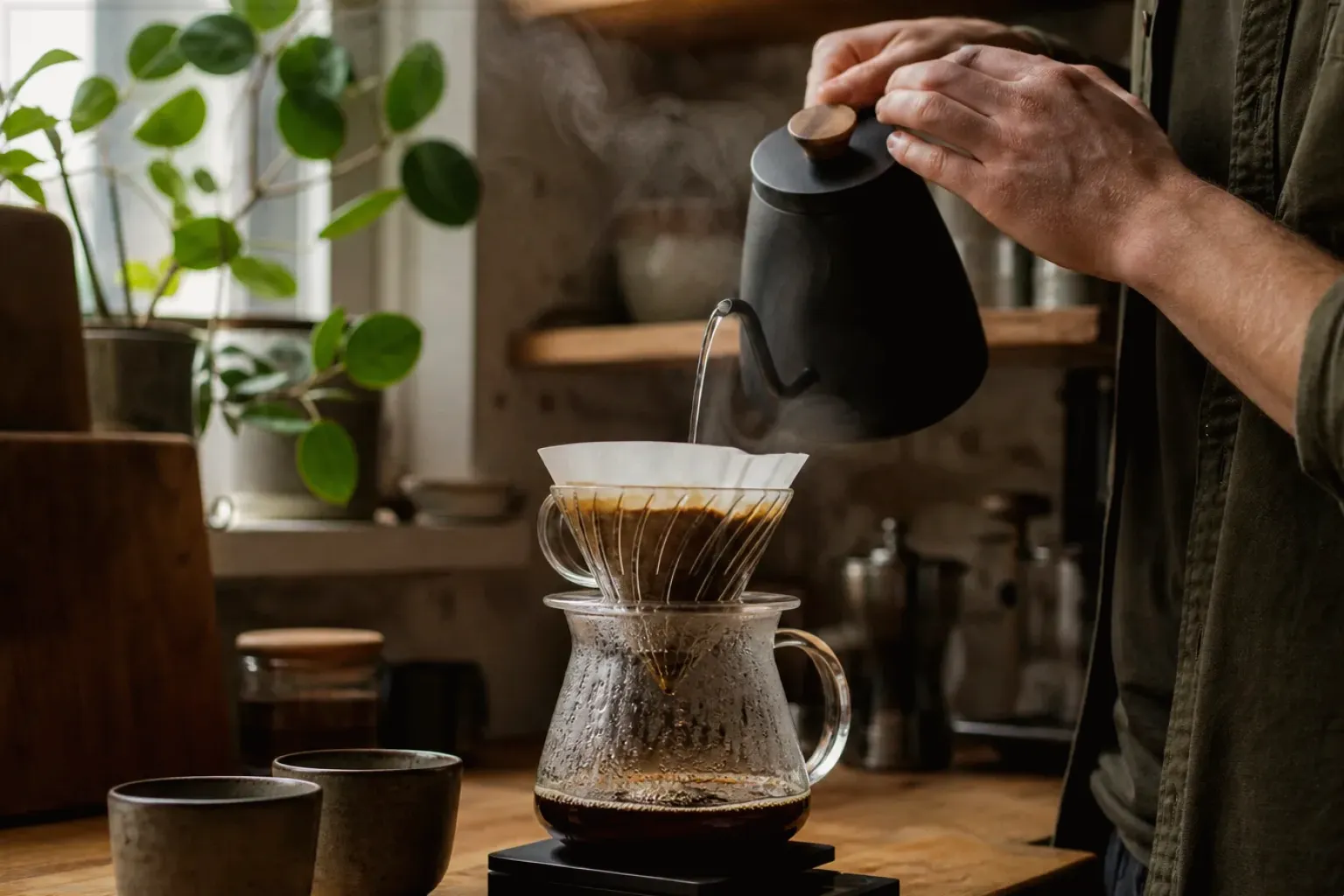 Filterkaffee wird mit einem Schwanenhalskessel von Hand in einer Küche aufgegossen – gezeigt für Filterkaffee im Themenvergleich.