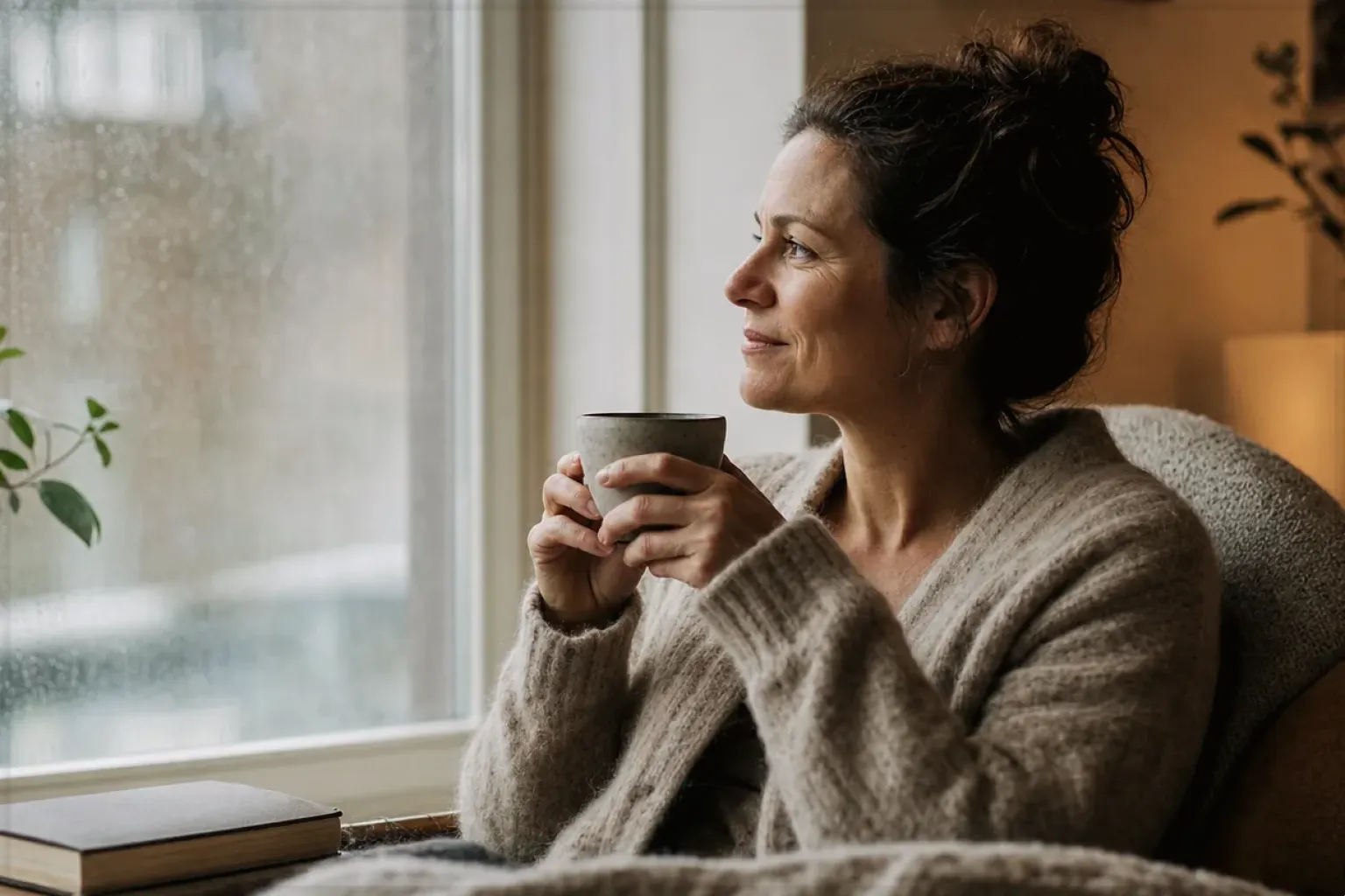 Eine Frau genießt an einem regnerischen Nachmittag ruhig eine Tasse Kaffee am Fenster – gezeigt für Filterkaffee im Themenvergleich.