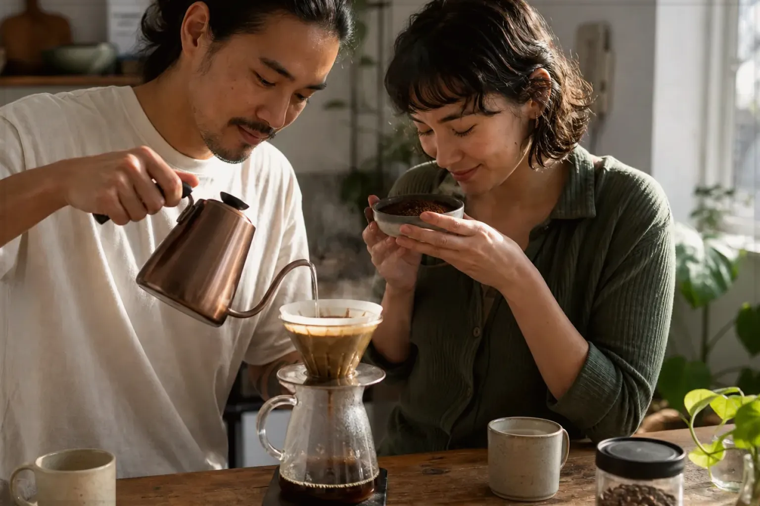 Zwei Menschen bereiten am Wochenende gemeinsam Filterkaffee mit einem Handfilter zu – gezeigt für Filterkaffee im Themenvergleich.