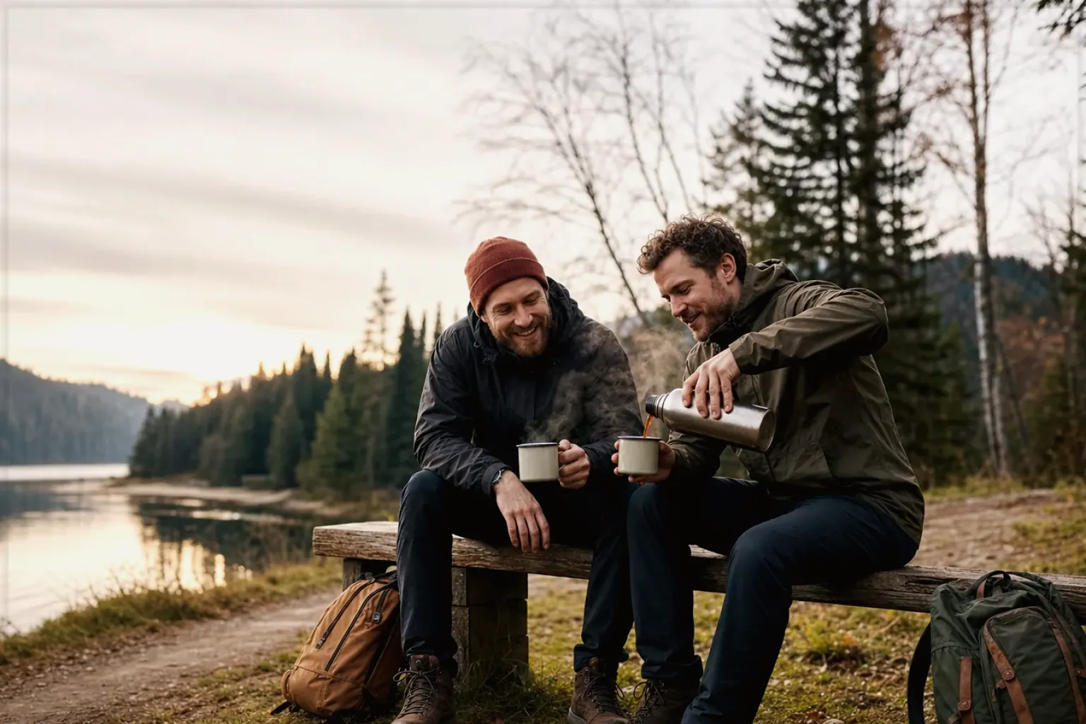Zwei Freunde teilen auf einer Wanderung heißen Kaffee aus einer Thermoskanne am See – gezeigt für Filterkaffee im Themenvergleich.
