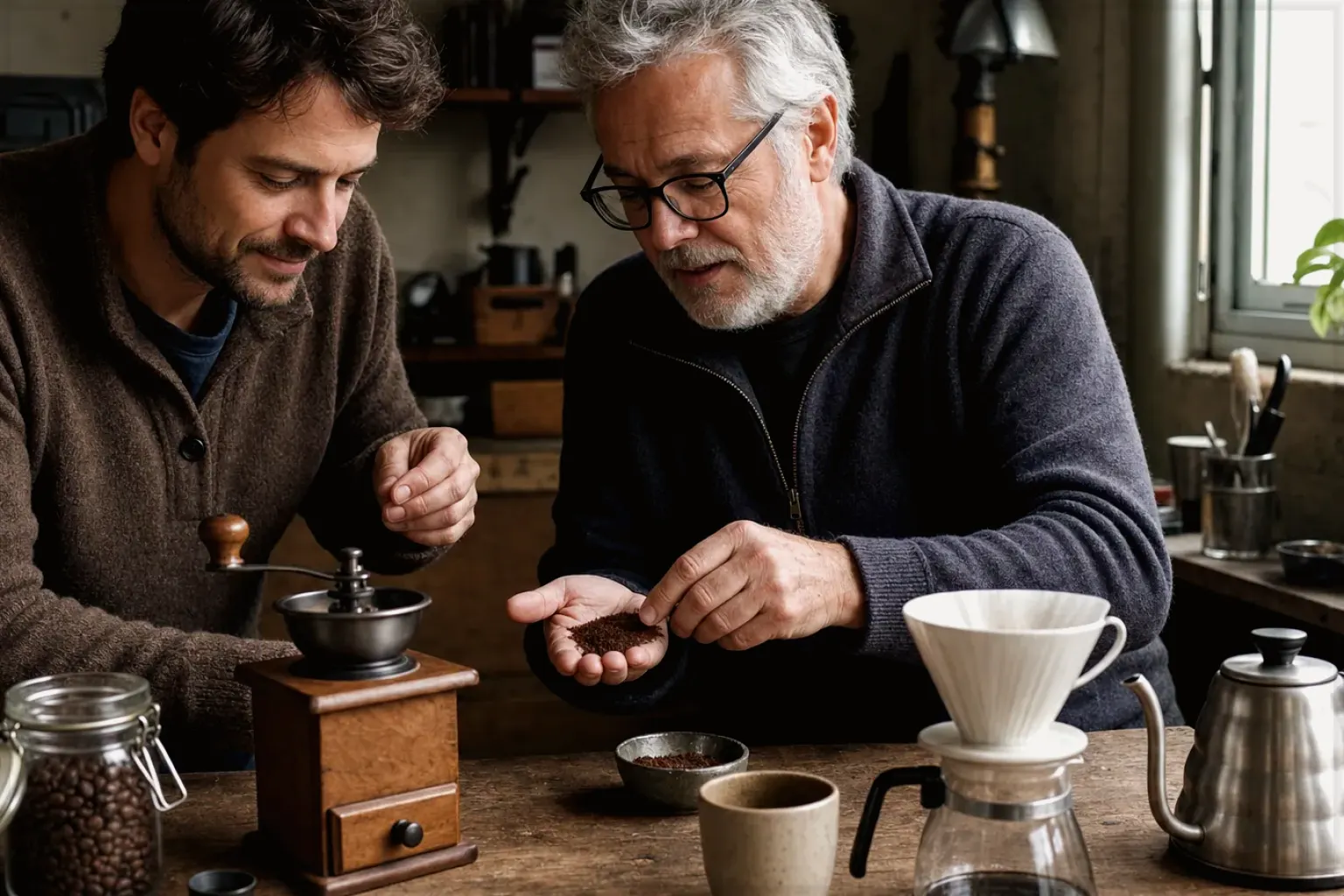 Ein älterer Kaffeeliebhaber zeigt einem jüngeren Erwachsenen gemahlenen Kaffee neben Handmühle und Filter – gezeigt für Filterkaffee im Themenvergleich.