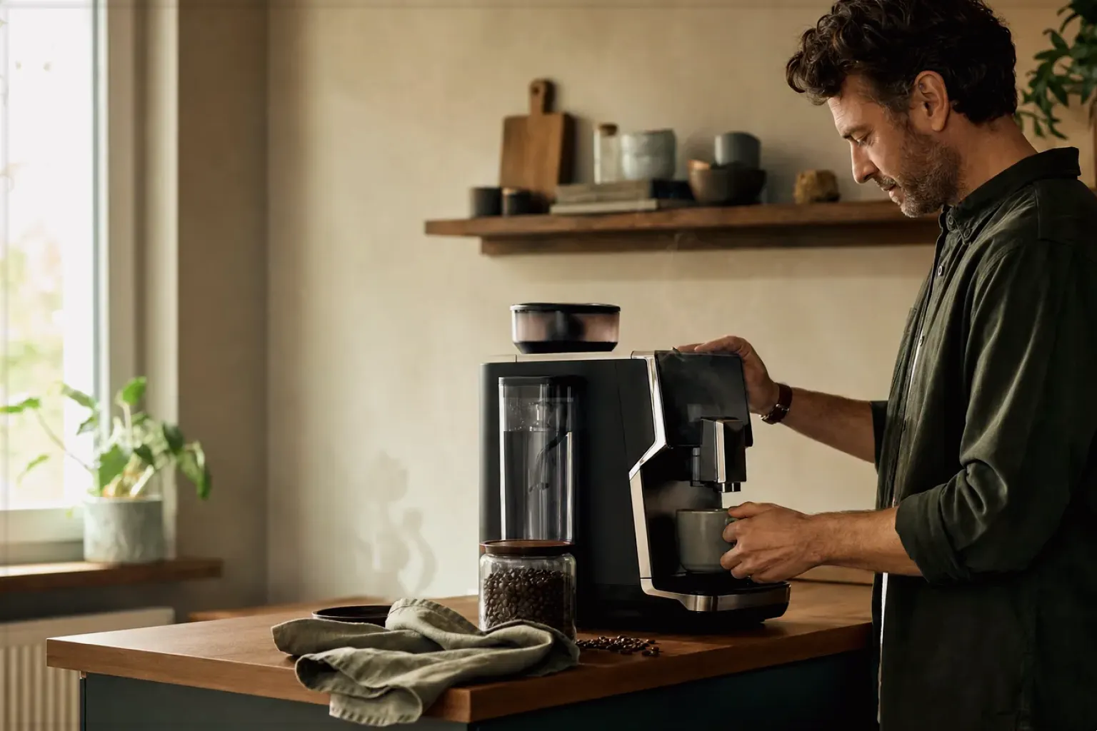 Ein Mann bereitet morgens Kaffee in seiner Küche zu – gezeigt für Filterkaffee im Themenvergleich.