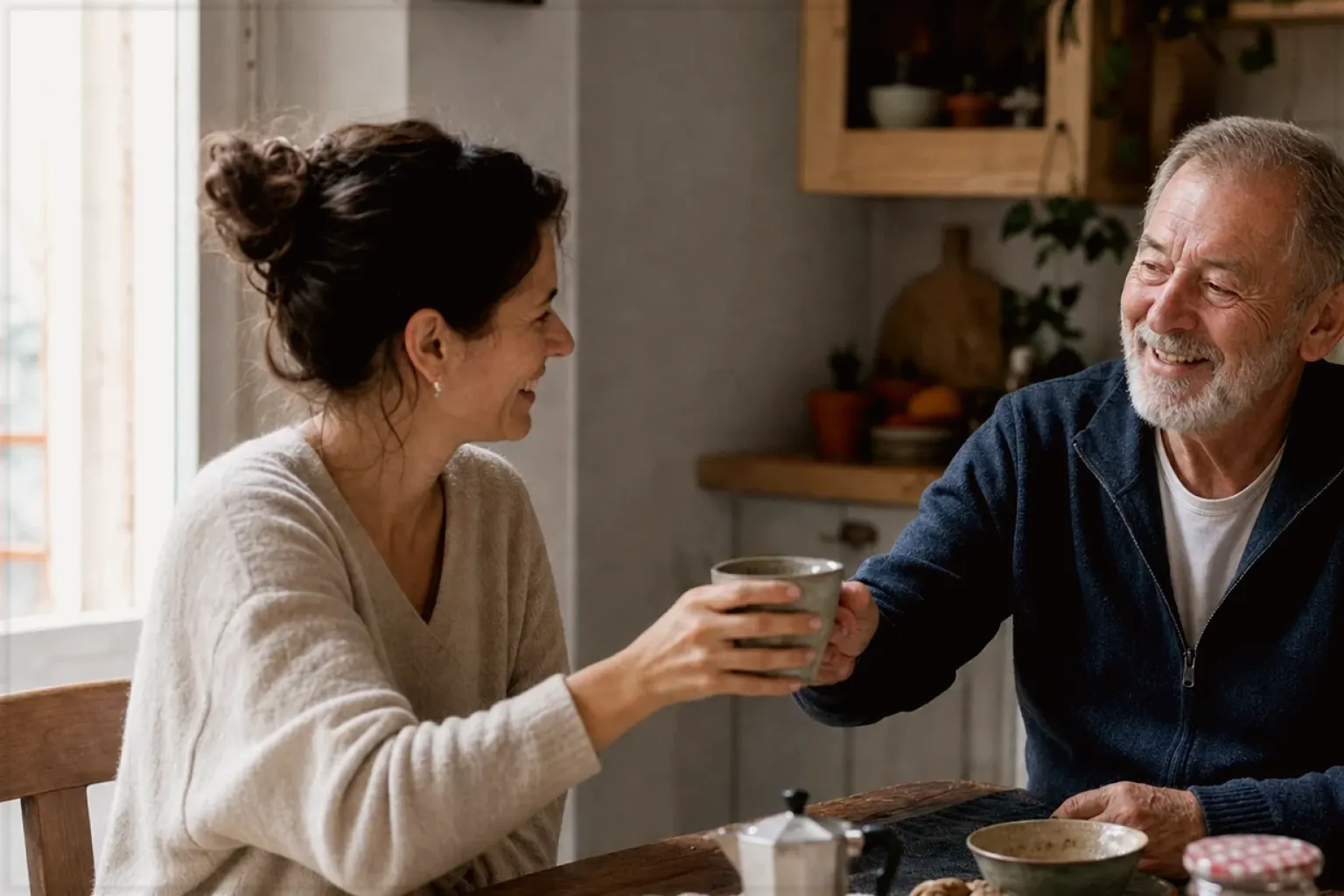 Eine erwachsene Tochter und ihr älterer Vater lachen gemeinsam beim Kaffee in ihrer Küche – gezeigt für Filterkaffee im Themenvergleich.