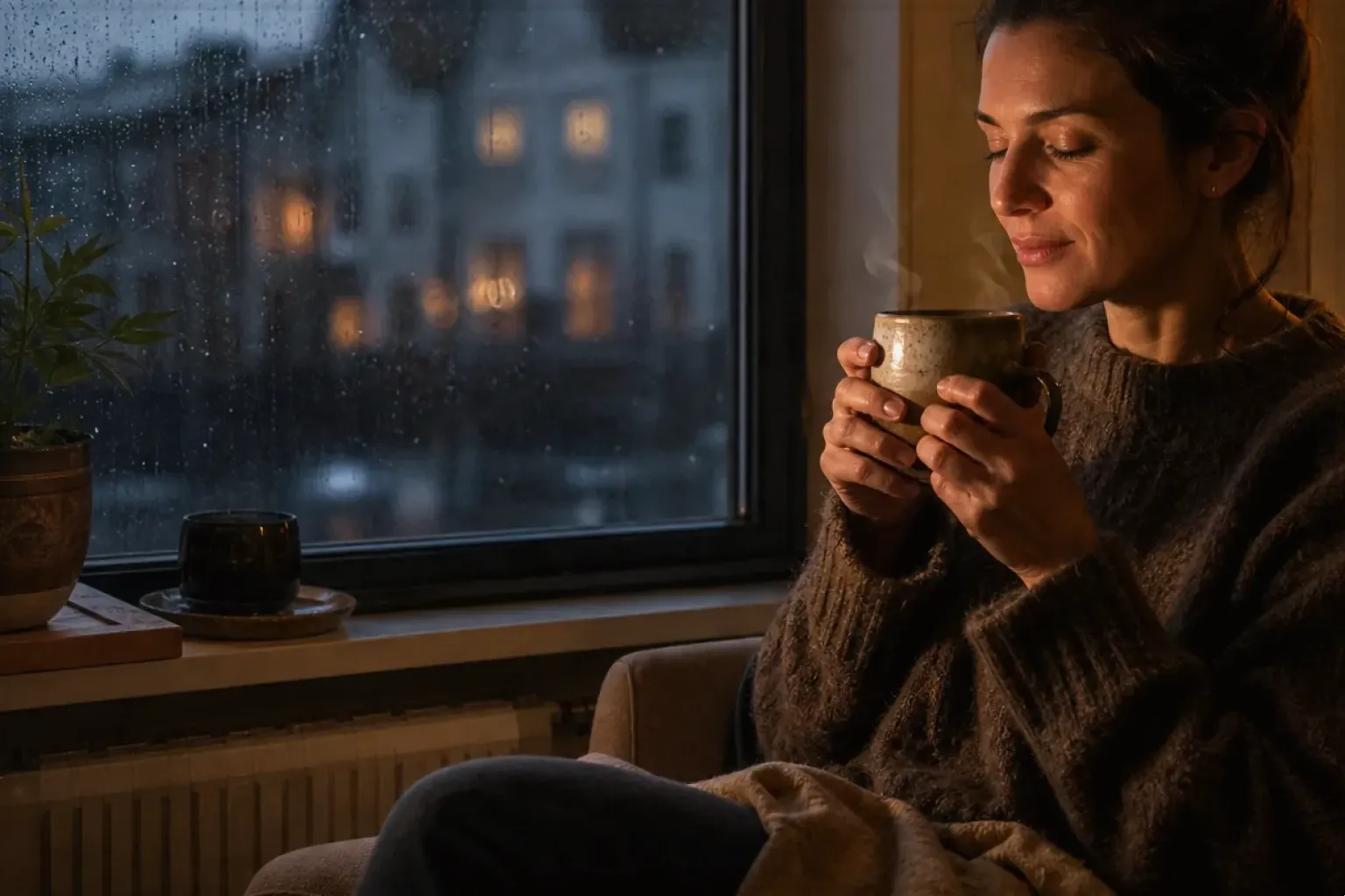 Eine Frau genießt an einem regnerischen Abend ruhig eine warme Tasse Kaffee am Fenster – gezeigt für Filterkaffee im Themenvergleich.
