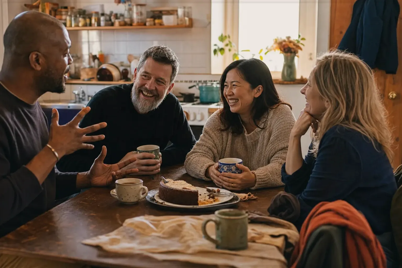 Vier erwachsene Freunde lachen gemeinsam bei Kaffee und selbst gebackenem Kuchen – gezeigt für Filterkaffee im Themenvergleich.