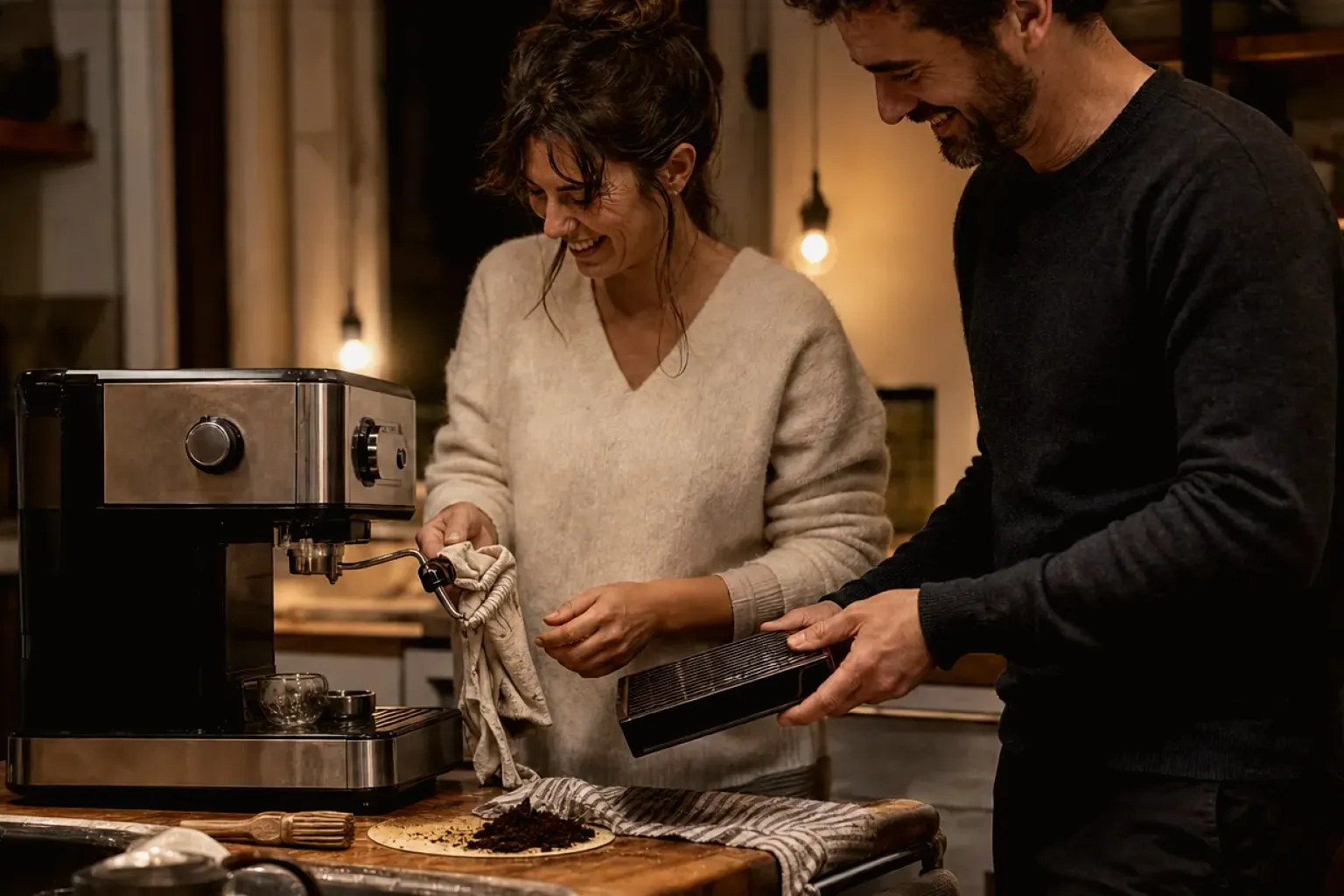 Ein Paar reinigt am Abend gemeinsam und gut gelaunt seine Espressomaschine in der Küche – gezeigt für Filterkaffee im Themenvergleich.