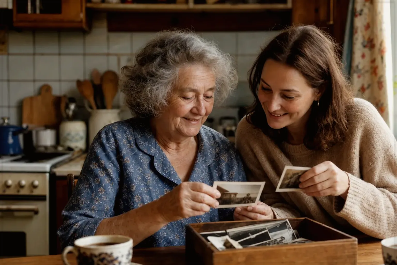 Eine ältere Frau und ihre erwachsene Enkelin betrachten bei Kaffee gemeinsam alte Familienfotos – gezeigt für Filterkaffee im Themenvergleich.