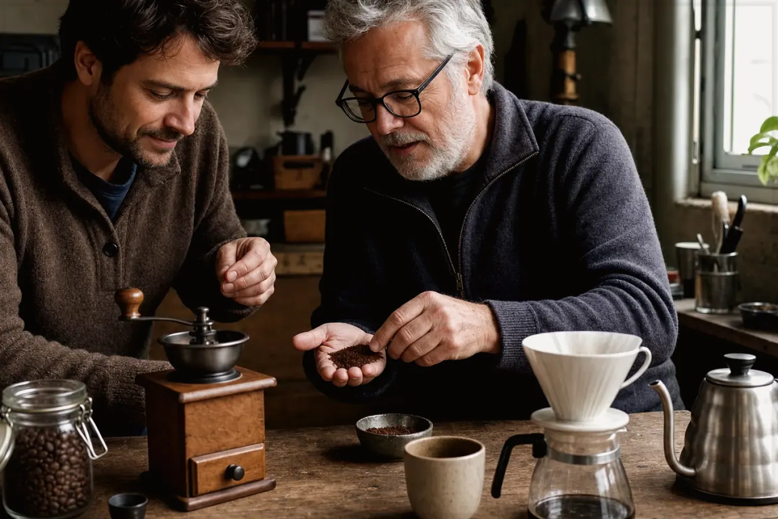 Ein erfahrener Kaffeeliebhaber erklärt einem jüngeren Erwachsenen Mahlgrad und Kaffeetextur.
