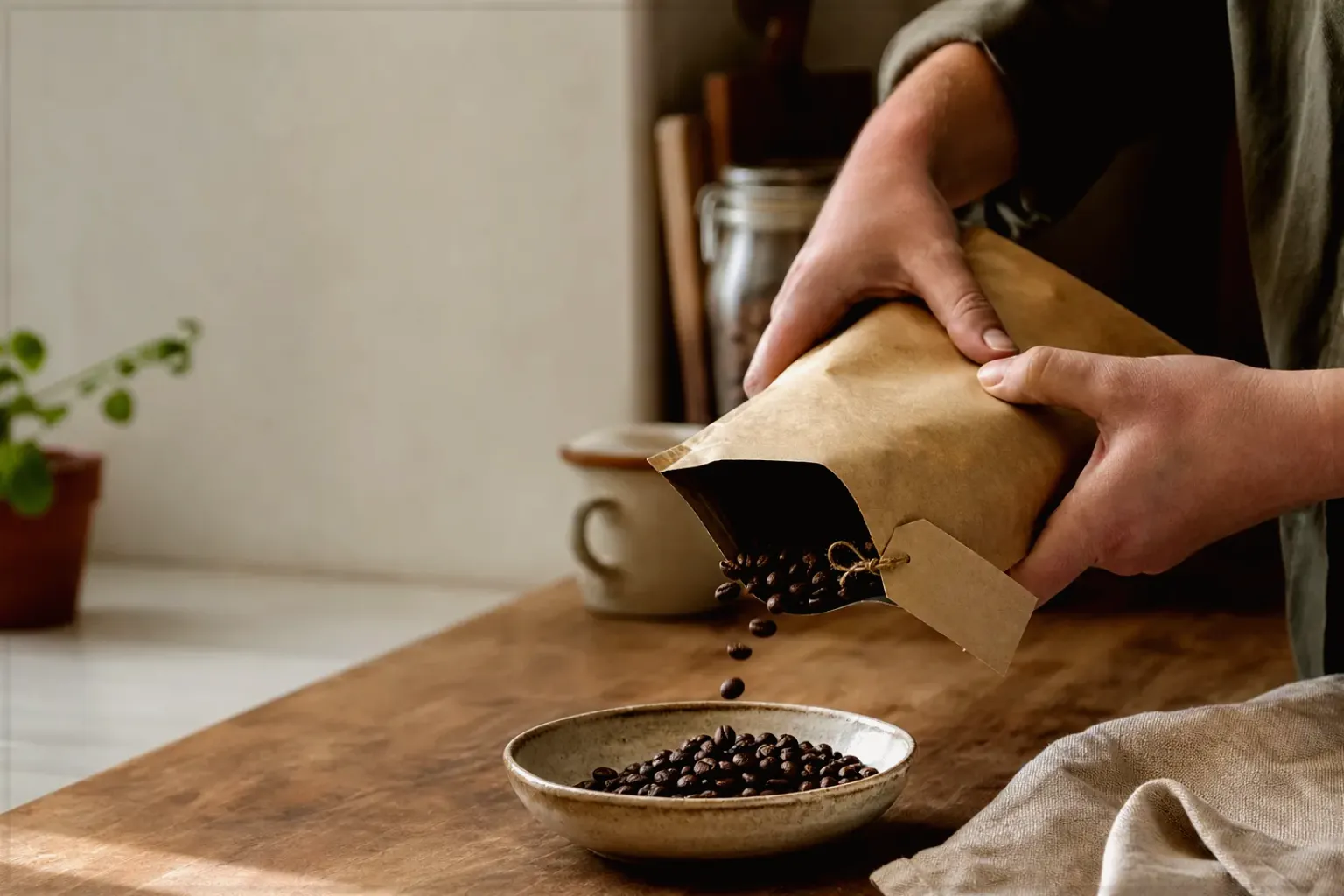 Hände füllen frisch geröstete Kaffeebohnen aus einer Papiertüte in eine Keramikschale – gezeigt für Filterkaffeemaschinen im Themenvergleich.