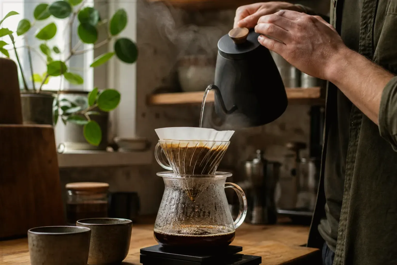 Filterkaffee wird mit einem Schwanenhalskessel von Hand in einer Küche aufgegossen – gezeigt für Filterkaffeemaschinen im Themenvergleich.