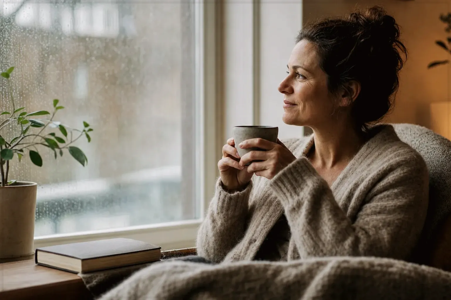 Eine Frau genießt an einem regnerischen Nachmittag ruhig eine Tasse Kaffee am Fenster – gezeigt für Filterkaffeemaschinen im Themenvergleich.