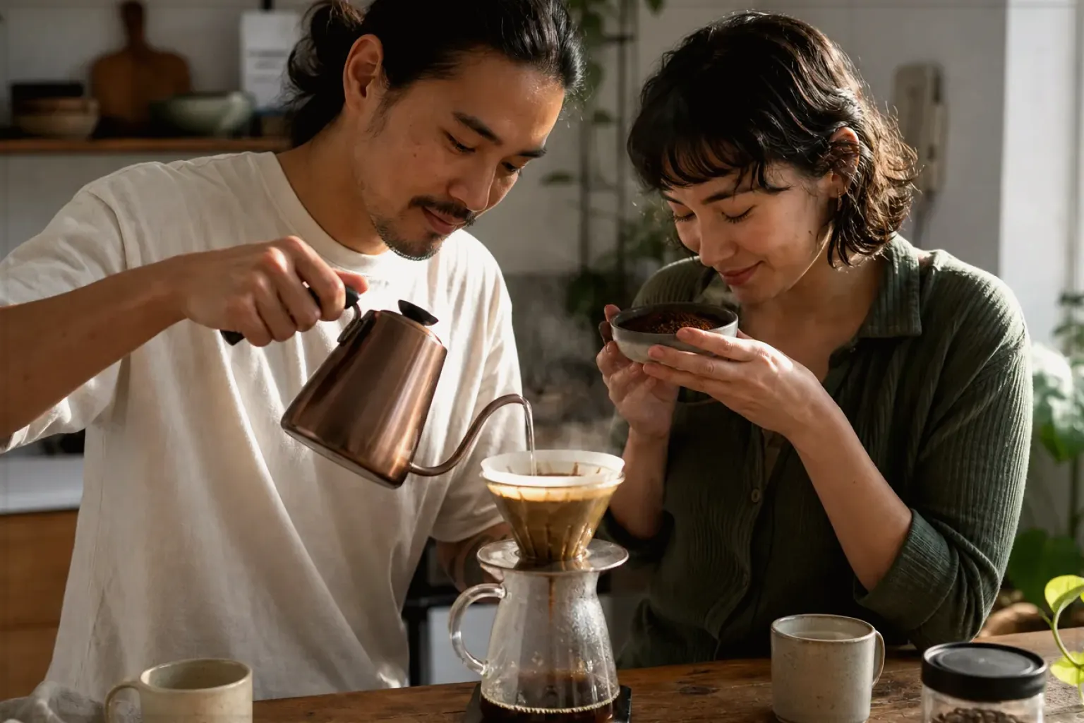 Zwei Menschen bereiten am Wochenende gemeinsam Filterkaffee mit einem Handfilter zu – gezeigt für Filterkaffeemaschinen im Themenvergleich.