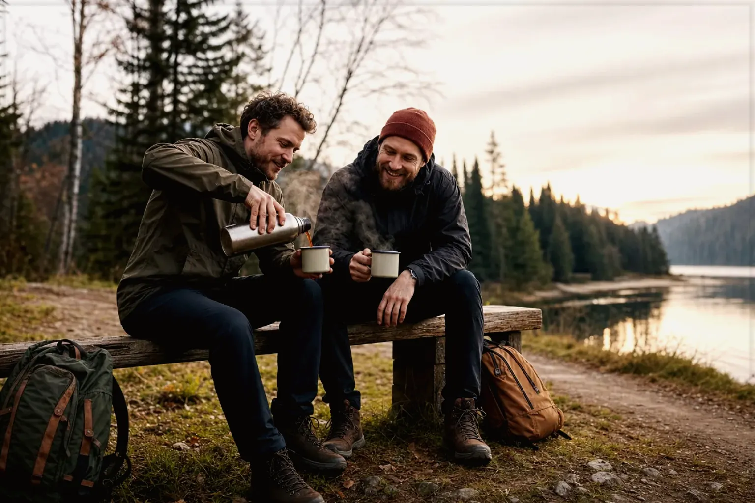 Zwei Freunde teilen auf einer Wanderung heißen Kaffee aus einer Thermoskanne am See – gezeigt für Filterkaffeemaschinen im Themenvergleich.