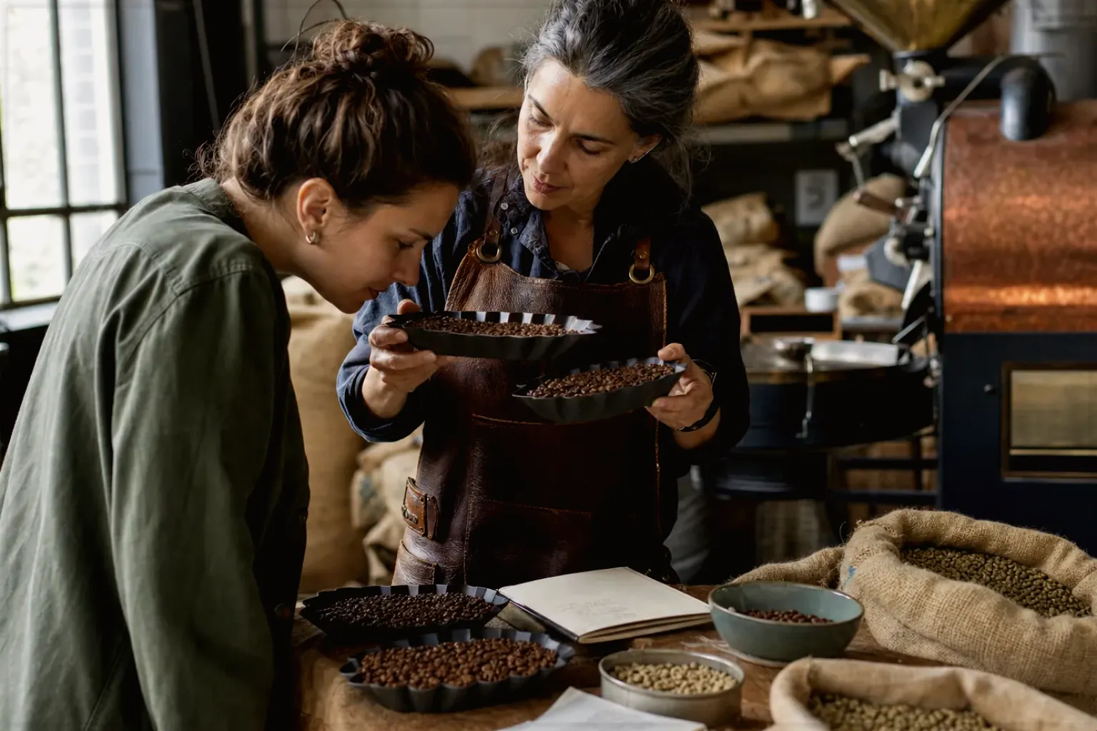 Eine Kaffeerösterin lässt eine Kundin in einer kleinen Rösterei verschiedene frisch geröstete Bohnen riechen – gezeigt für Filterkaffeemaschinen im Themenvergleich.